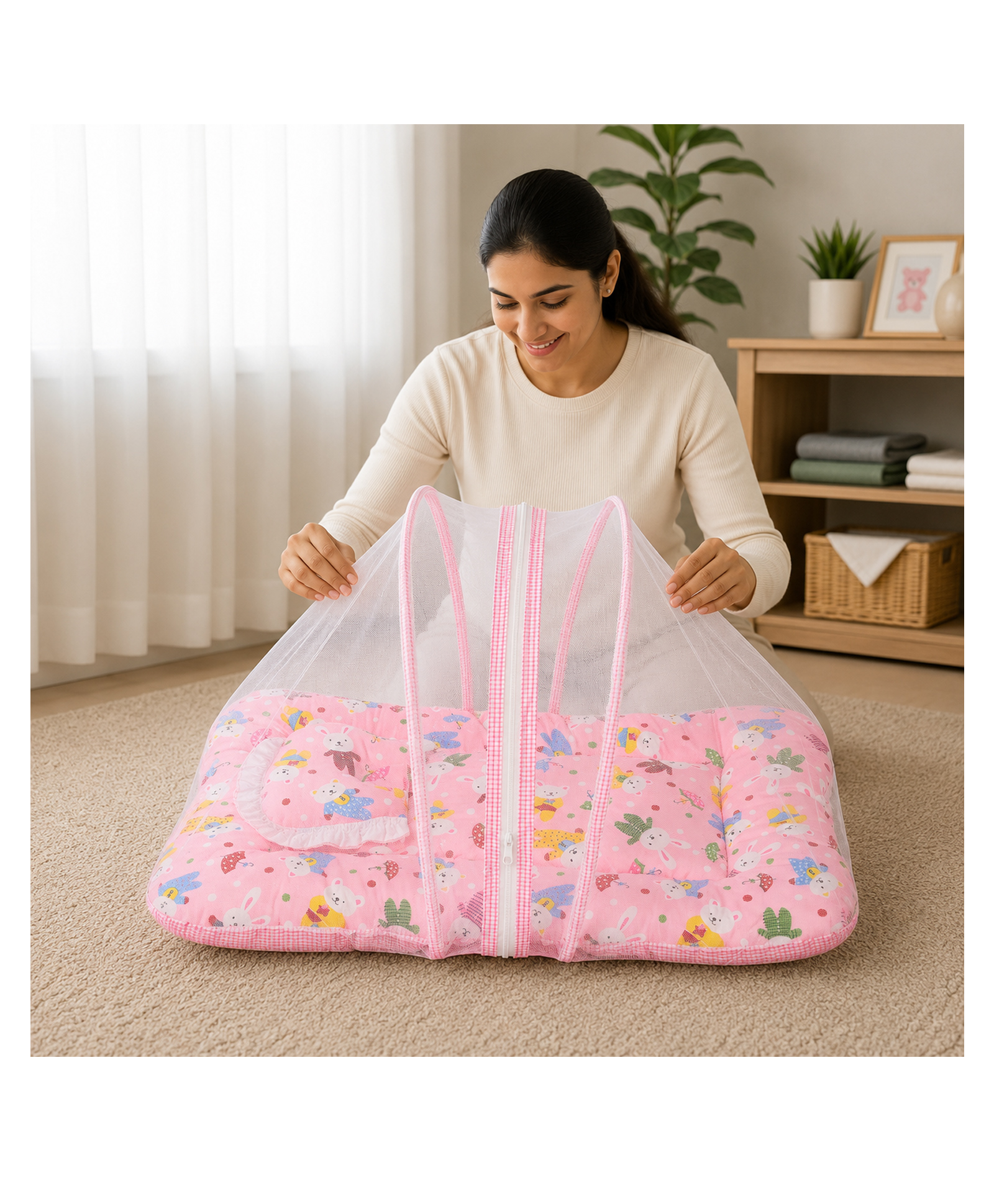 Babytoons Baby Bedding Set for New Born Infant Bed Mattress with Mosquito Net & Pillow - Pink-picture-19