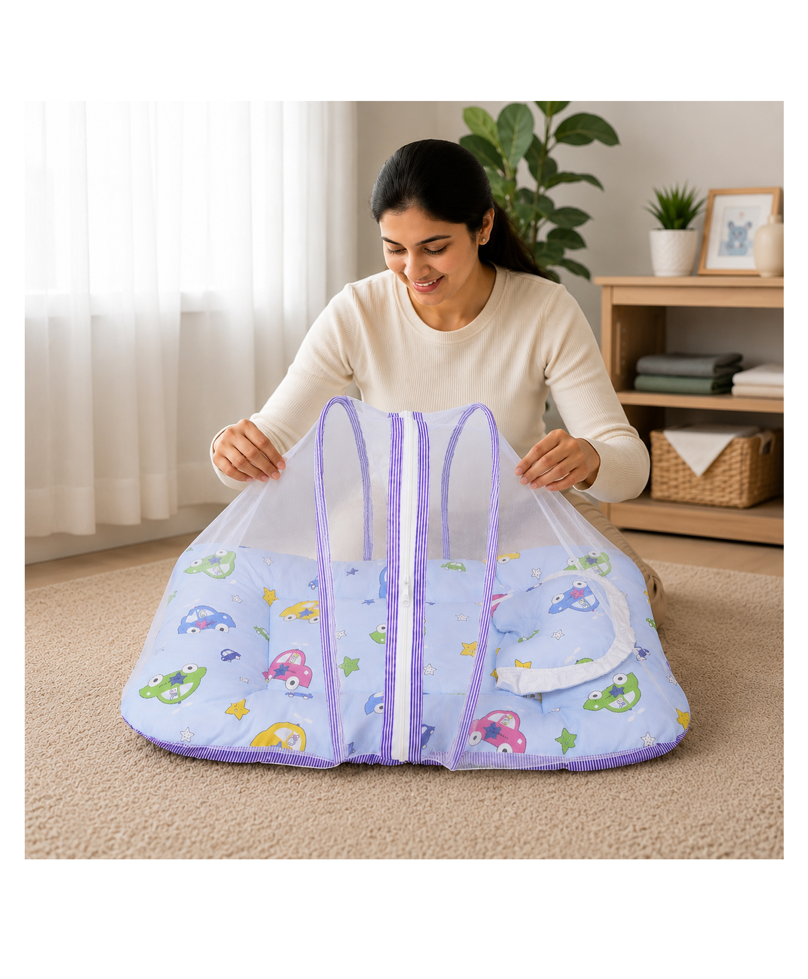 Babytoons Baby Bedding Set for New Born Infant Bed Mattress with Mosquito Net & Pillow - Blue-picture-9