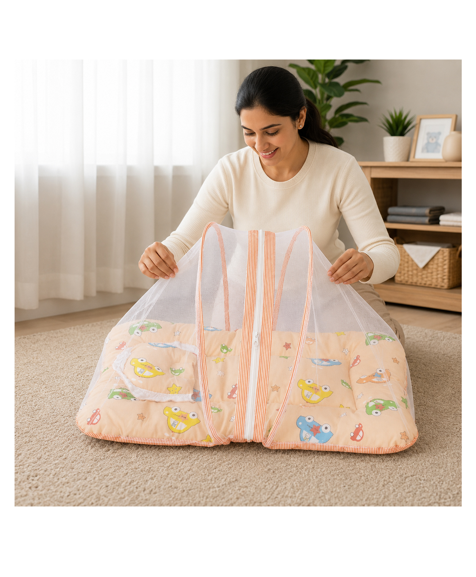 Babytoons Baby Bedding Set for New Born Infant Bed Mattress with Mosquito Net & Pillow - Orange-picture-13