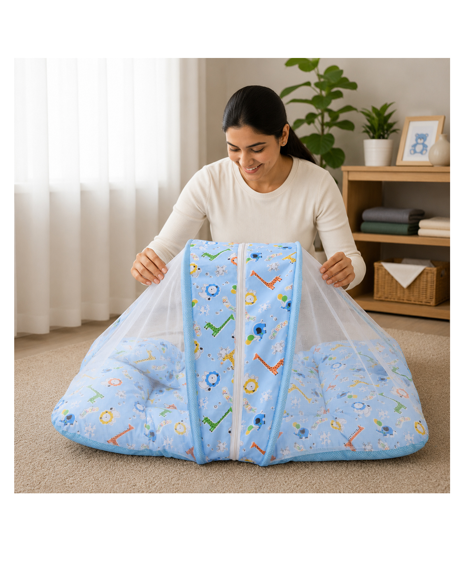 Babytoons Baby Bedding Set for New Born Infant Bed Mattress with Mosquito Net & Pillow - Blue-picture-21