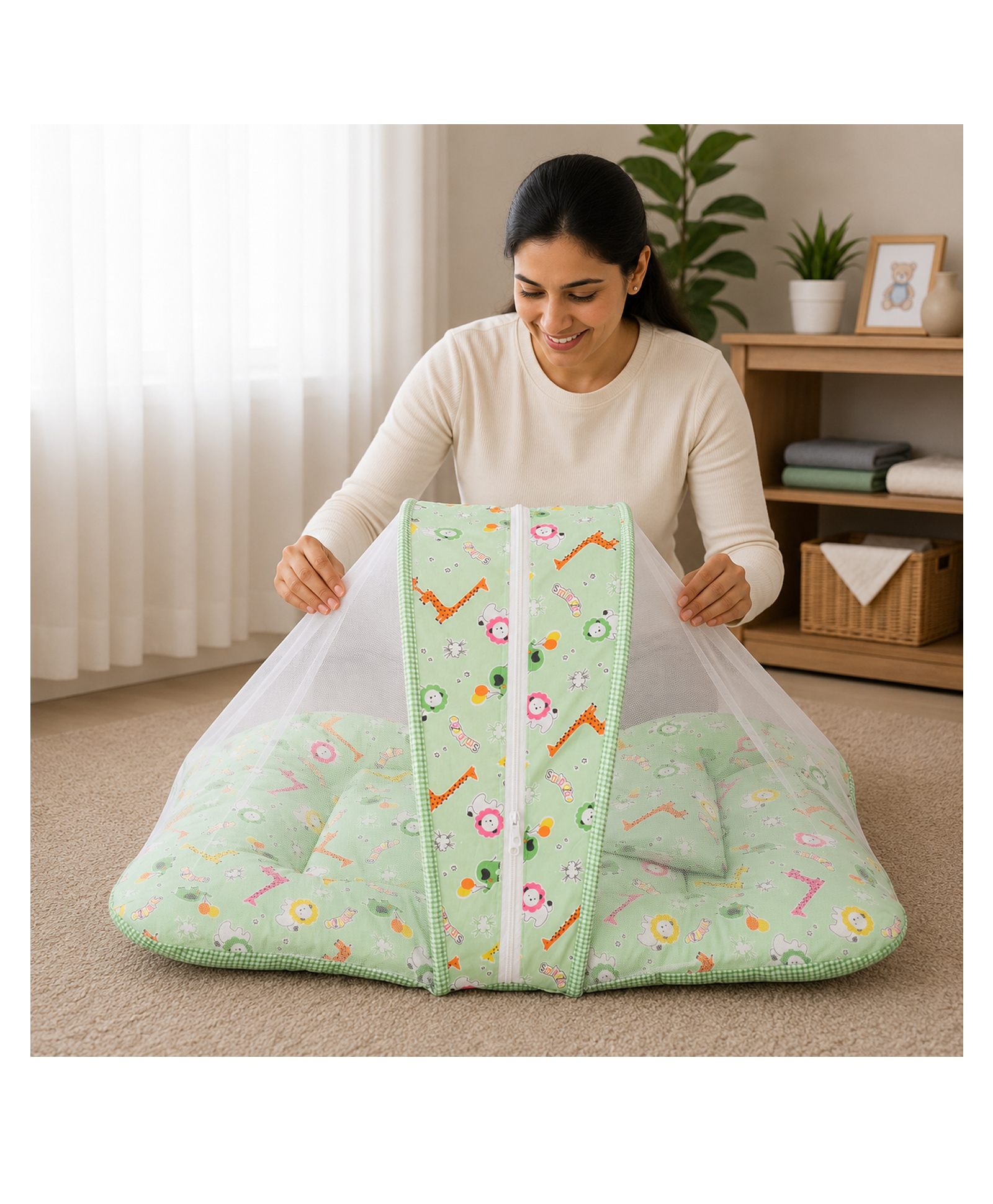 Babytoons Baby Bedding Set for New Born Infant Bed Mattress with Mosquito Net & Pillow - Green-picture-23