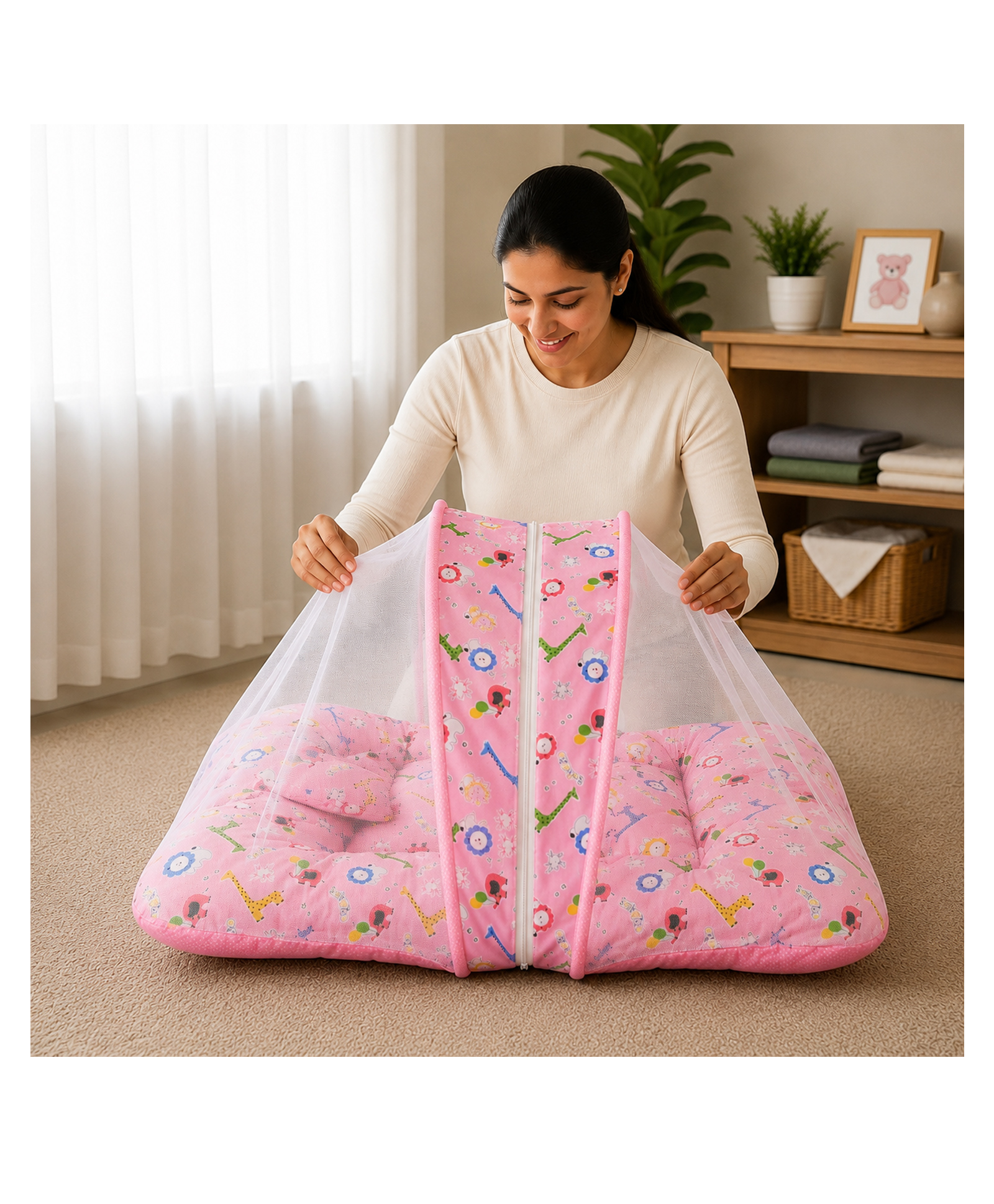 Babytoons Baby Bedding Set for New Born Infant Bed Mattress with Mosquito Net & Pillow - Pink-picture-24