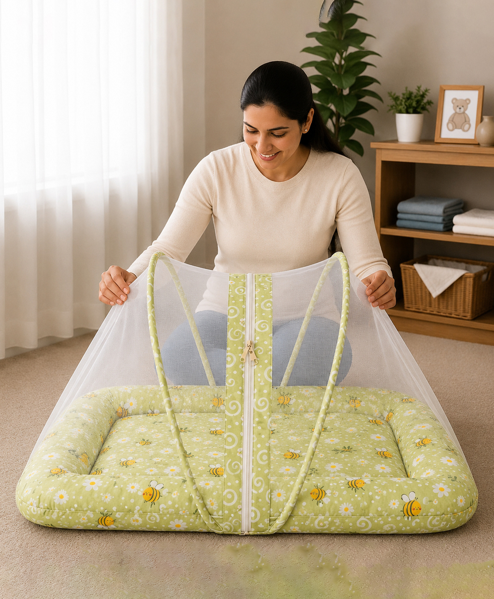 Babytoons Baby Bedding Set for New Born Infant Bed Mattress with Mosquito Net & Pillow - Green-picture-13