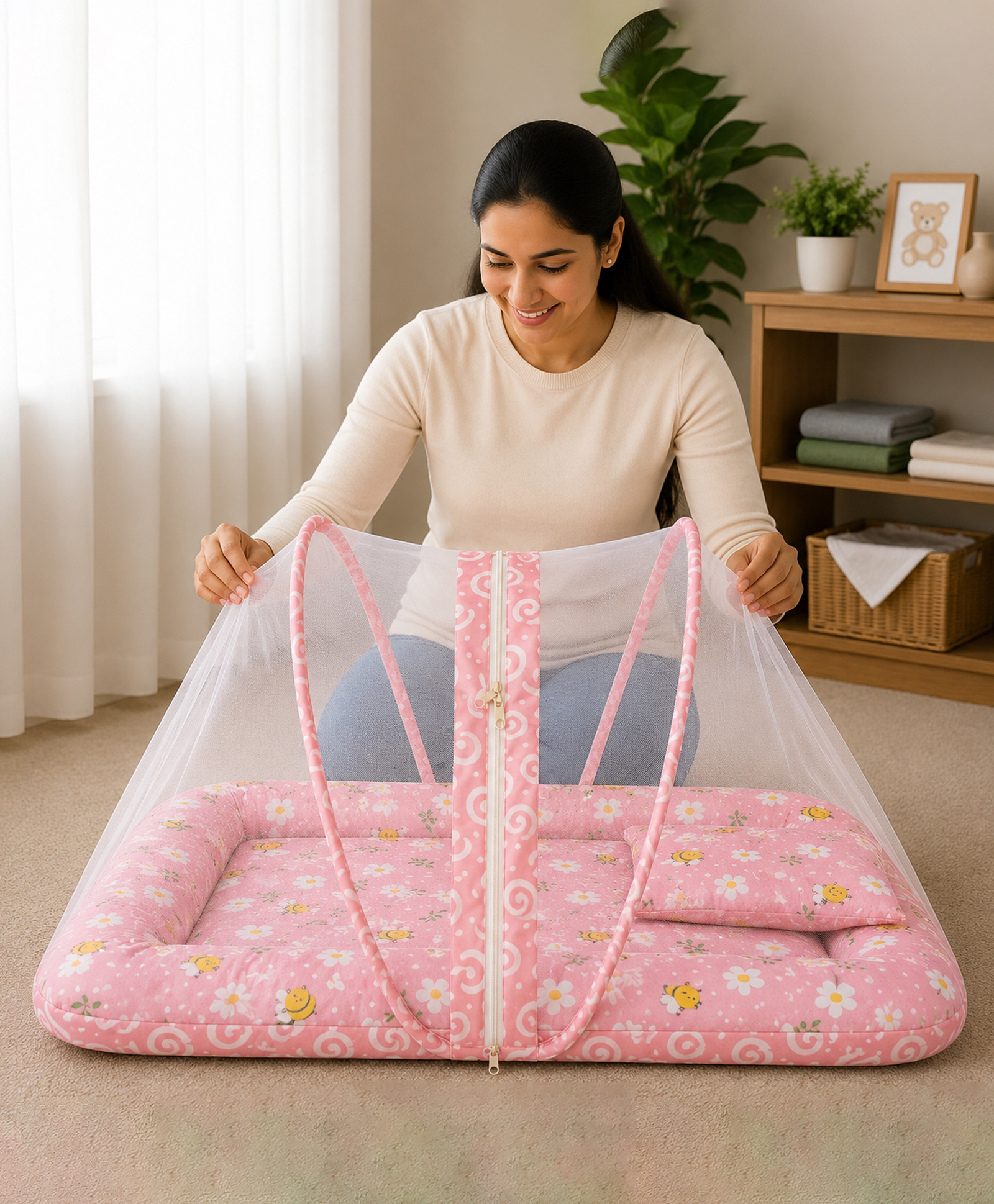 Babytoons Baby Bedding Set for New Born Infant Bed Mattress with Mosquito Net & Pillow - Pink-image-48