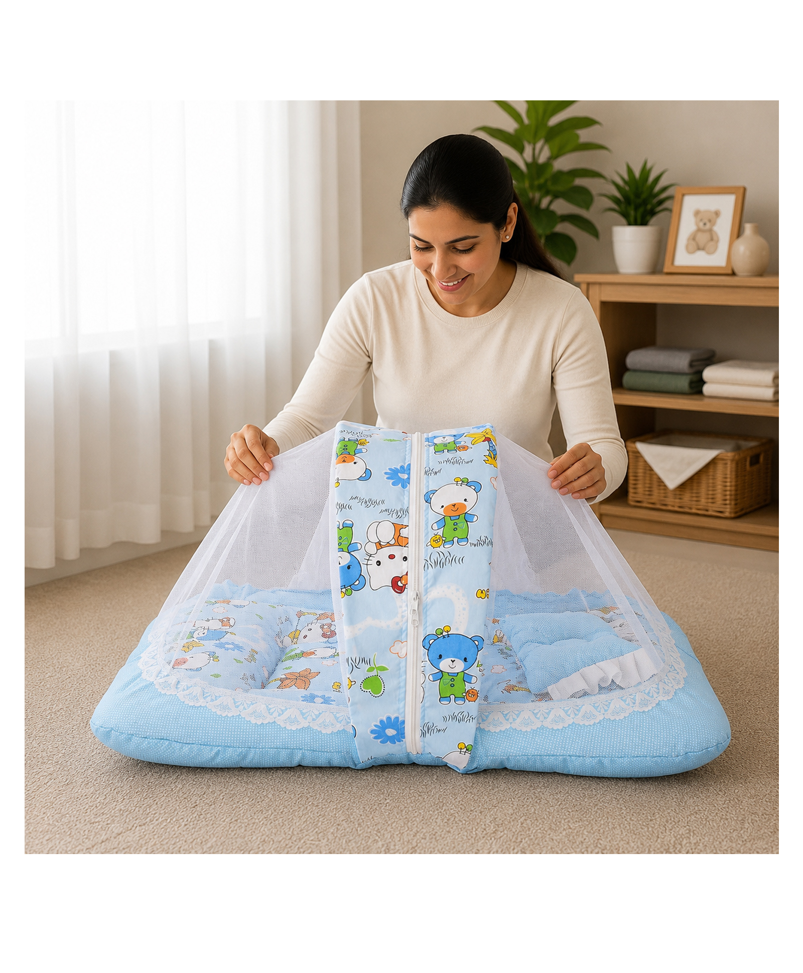 Babytoons Baby Bedding Set for New Born Infant Bed Mattress with Mosquito Net & Pillow - Blue-picture-18