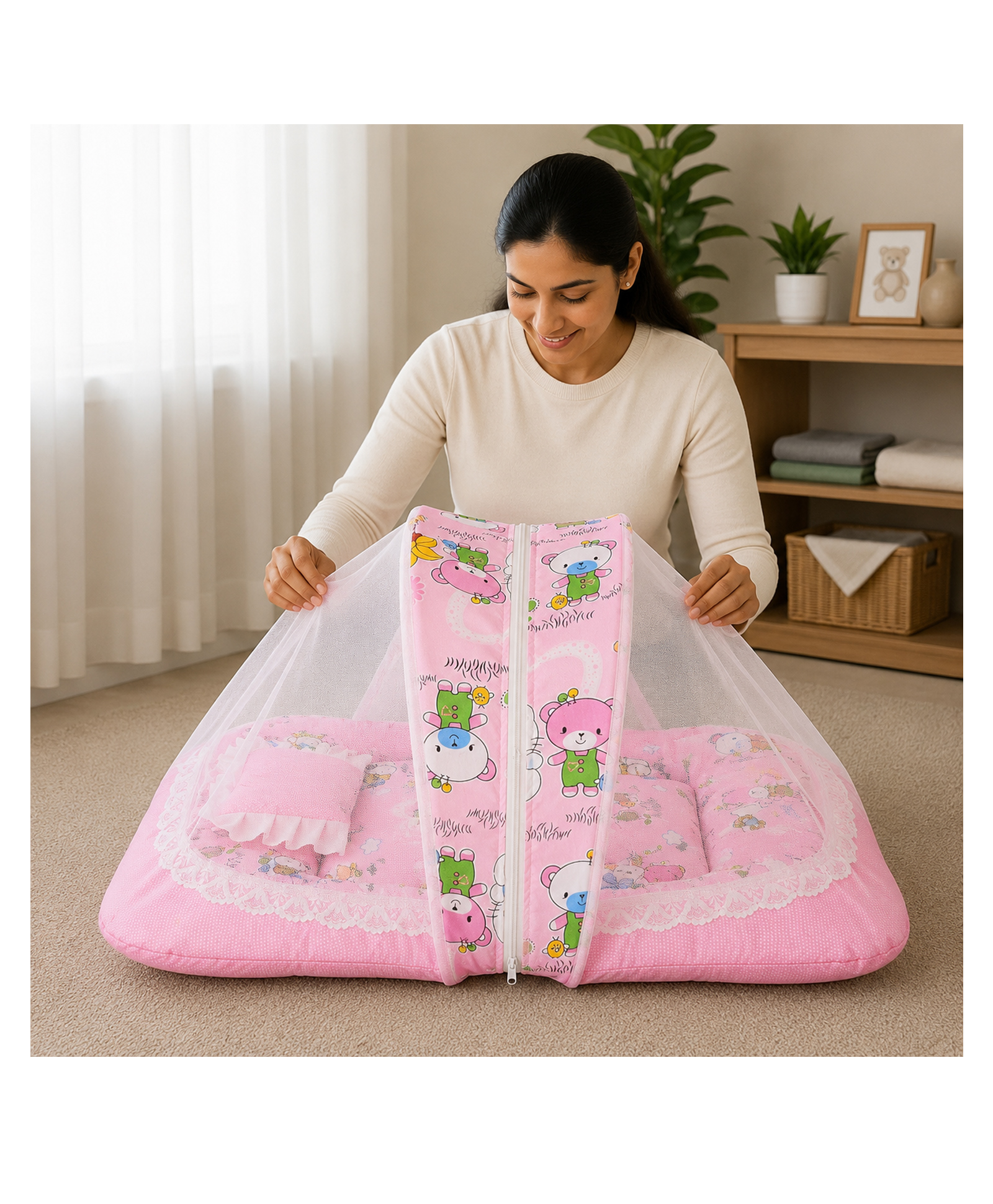 Babytoons Baby Bedding Set for New Born Infant Bed Mattress with Mosquito Net & Pillow - Pink-picture-16