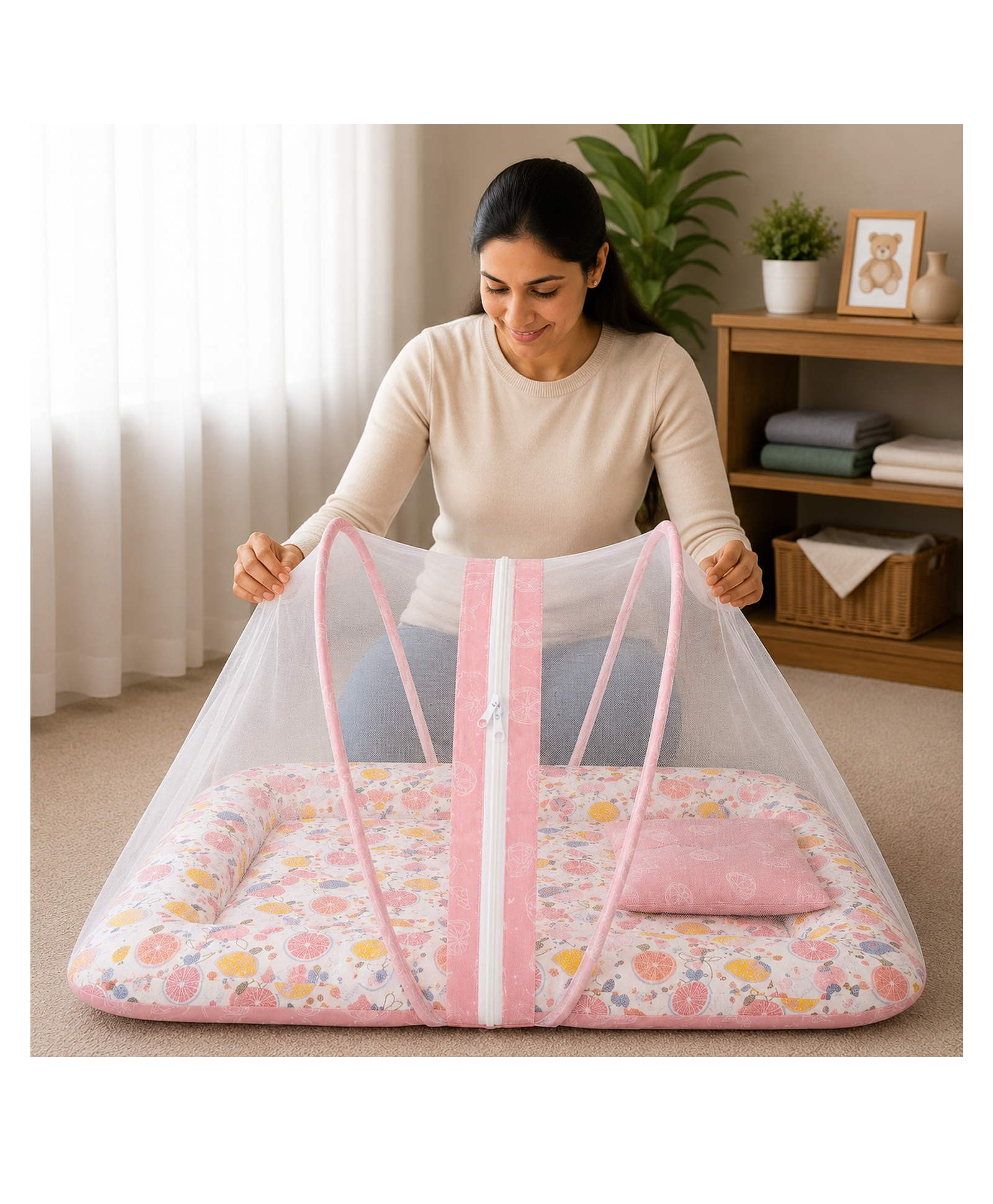 Babytoons Baby Bedding Set for New Born Infant Bed Mattress with Mosquito Net & Pillow - Pink-picture-17