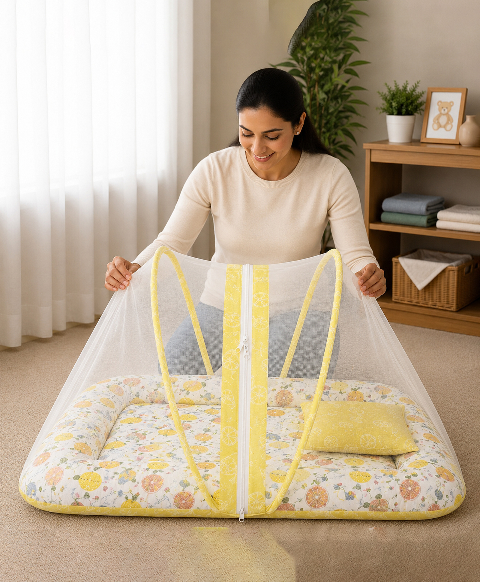 Babytoons Baby Bedding Set for New Born Infant Bed Mattress with Mosquito Net & Pillow - Yellow-picture-2