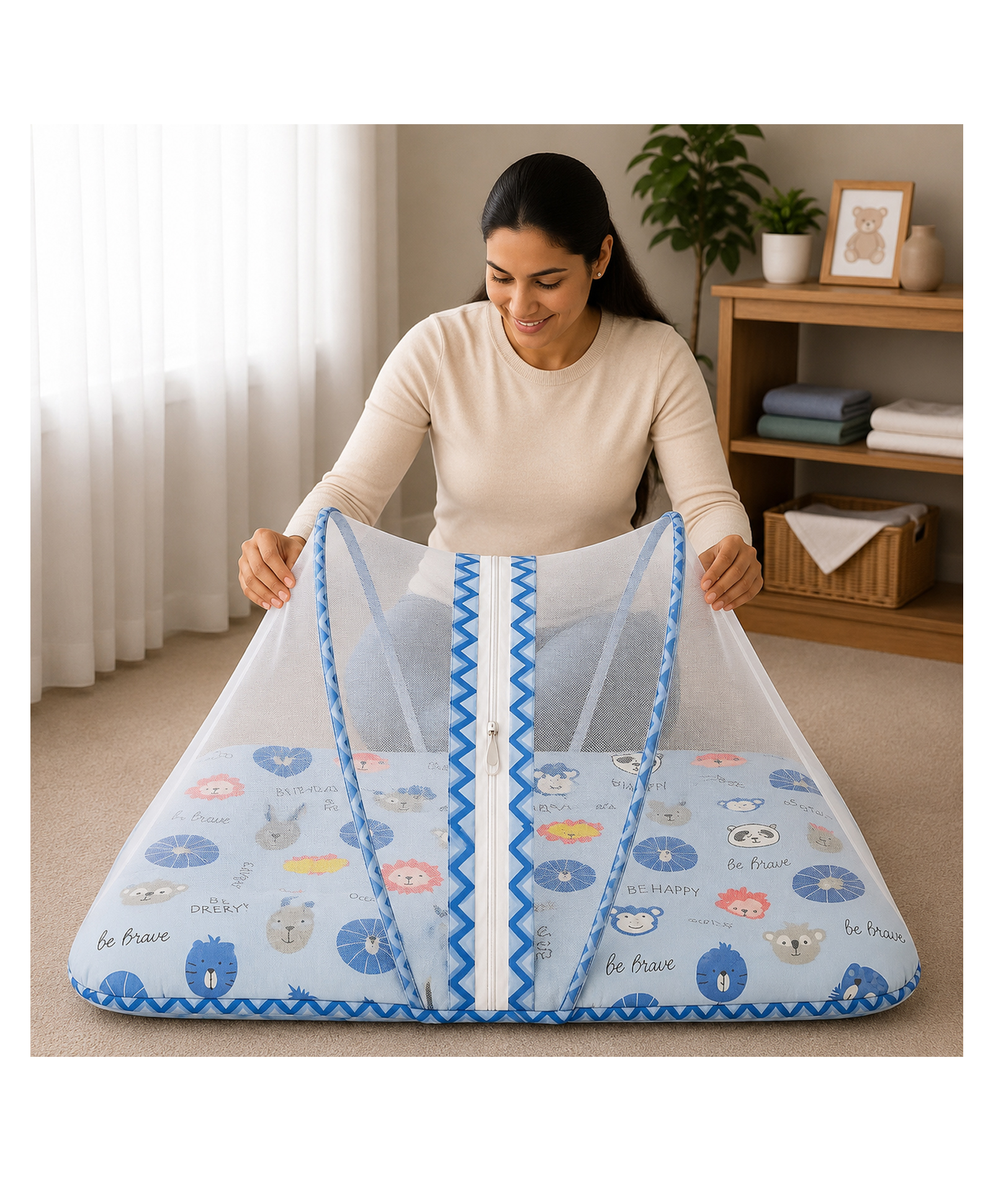 Babytoons Baby Bedding Set for New Born Infant Bed Mattress with Mosquito Net & Pillow - Blue-picture-27