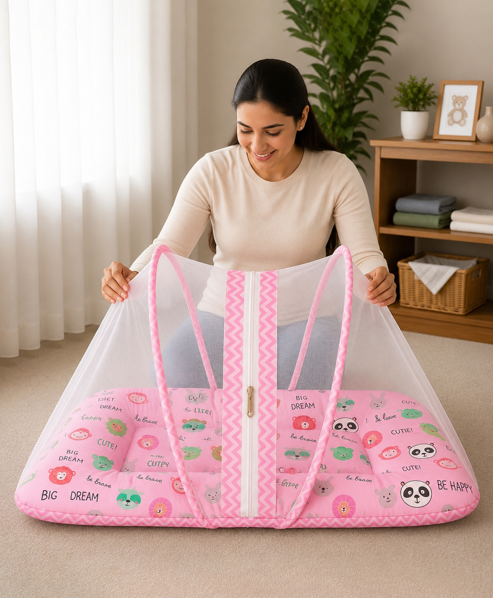 Babytoons Baby Bedding Set for New Born Infant Bed Mattress with Mosquito Net & Pillow - Pink-image-49