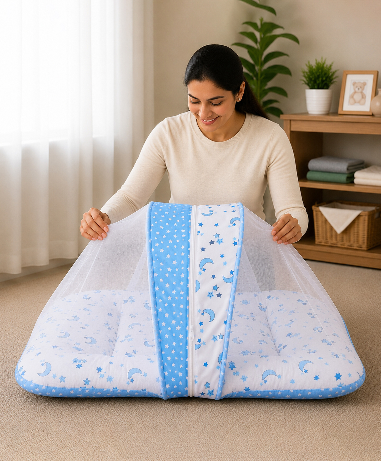 Babytoons Baby Bedding Set for New Born Infant Bed Mattress with Mosquito Net & Pillow - Blue-picture-6