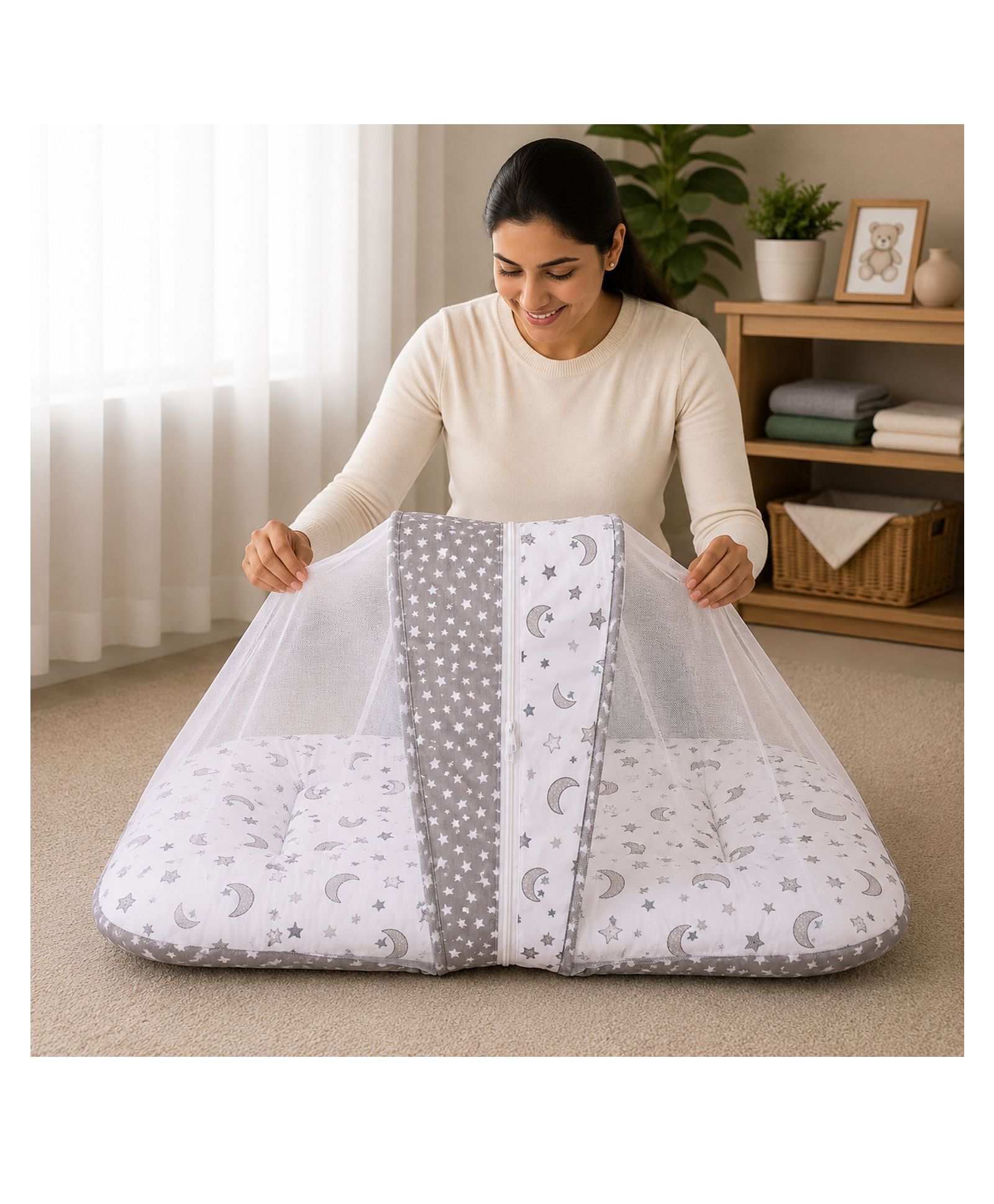 Babytoons Baby Bedding Set for New Born Infant Bed Mattress with Mosquito Net & Pillow - Grey-picture-11
