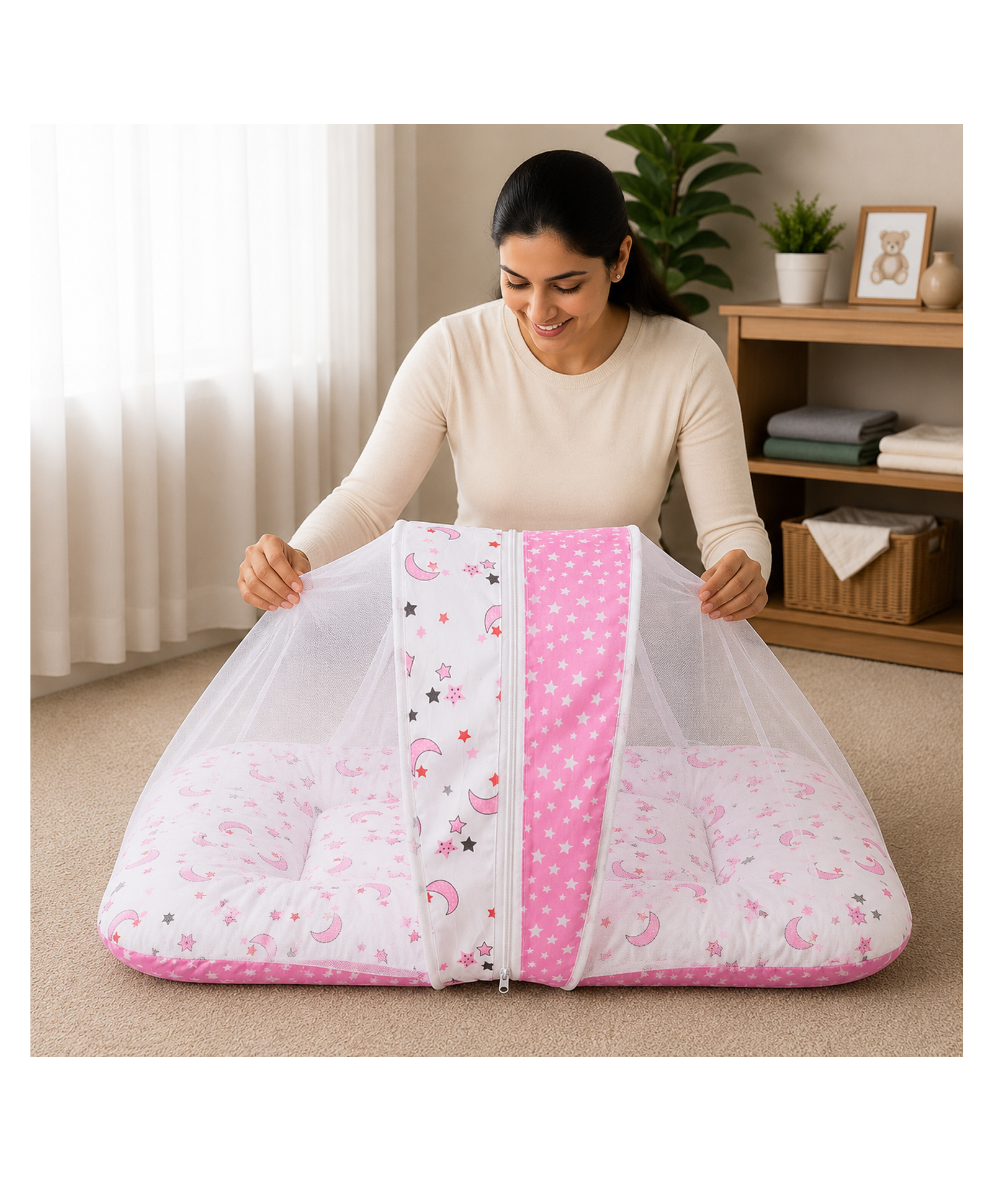 Babytoons Baby Bedding Set for New Born Infant Bed Mattress with Mosquito Net & Pillow - Pink-picture-10