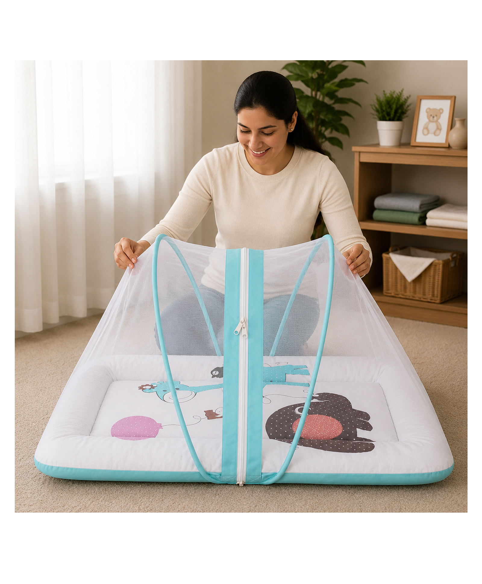 Babytoons Baby Bedding Set for New Born Infant Bed Mattress with Mosquito Net & Pillow - Blue-picture-22