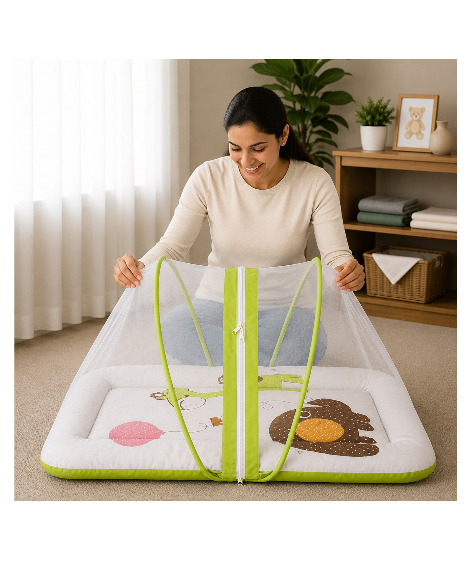Babytoons Baby Bedding Set for New Born Infant Bed Mattress with Mosquito Net & Pillow - Green-picture-7