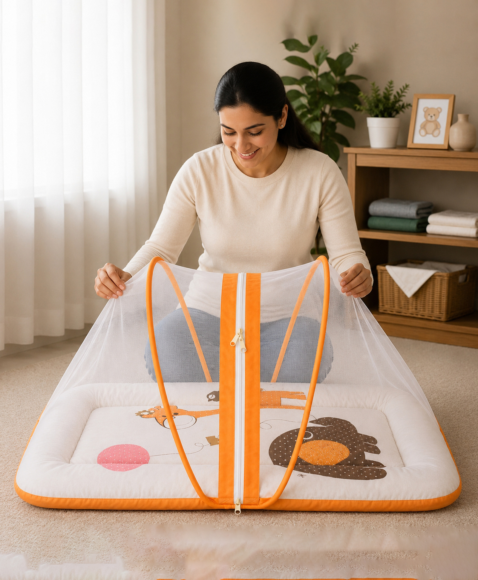 Babytoons Baby Bedding Set for New Born Infant Bed Mattress with Mosquito Net & Pillow - Orange-picture-1