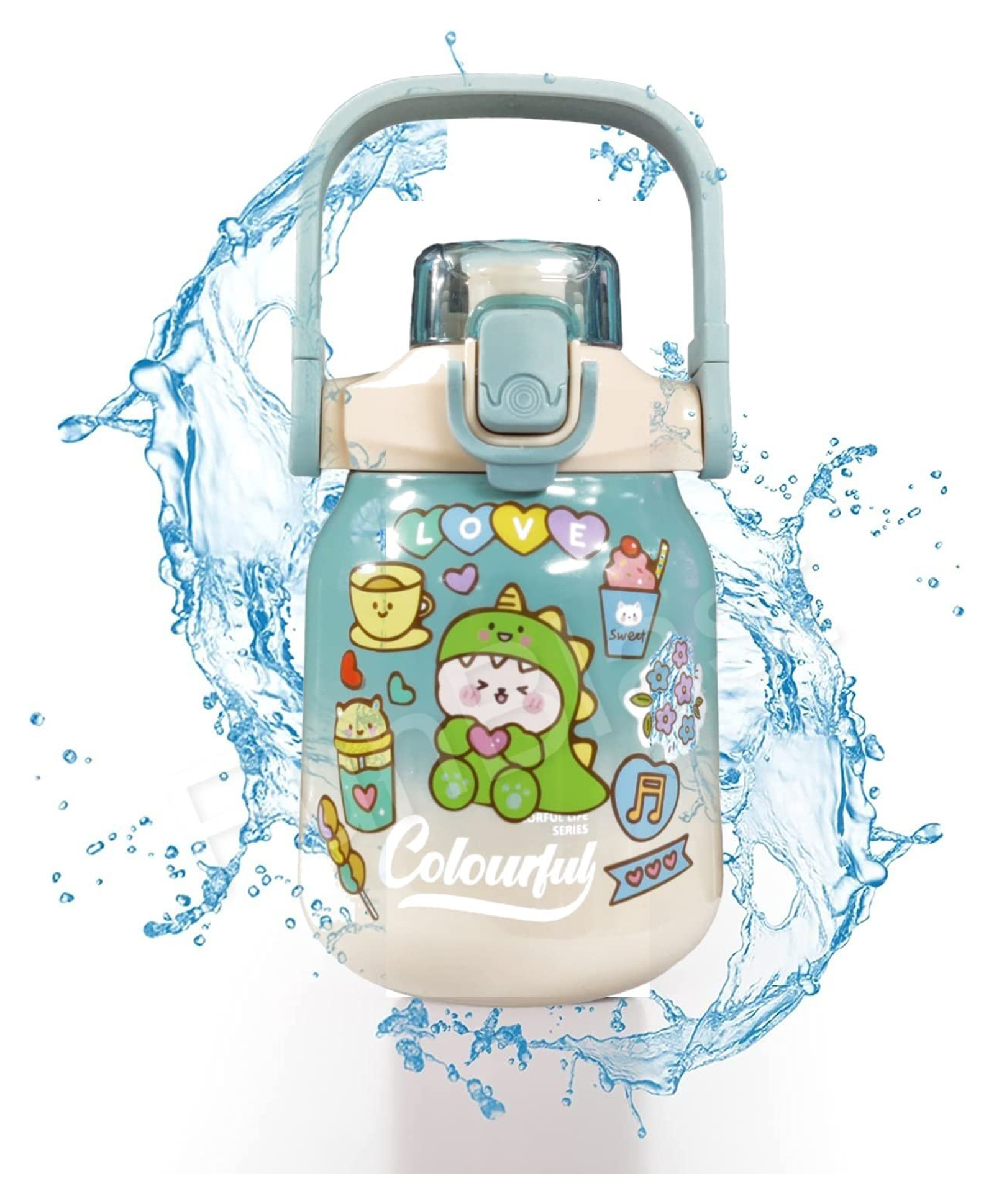 FunBlast Stainless-Steel Water Bottle with Straw & Handle - 620 ML (Random Color and Design)-image-34