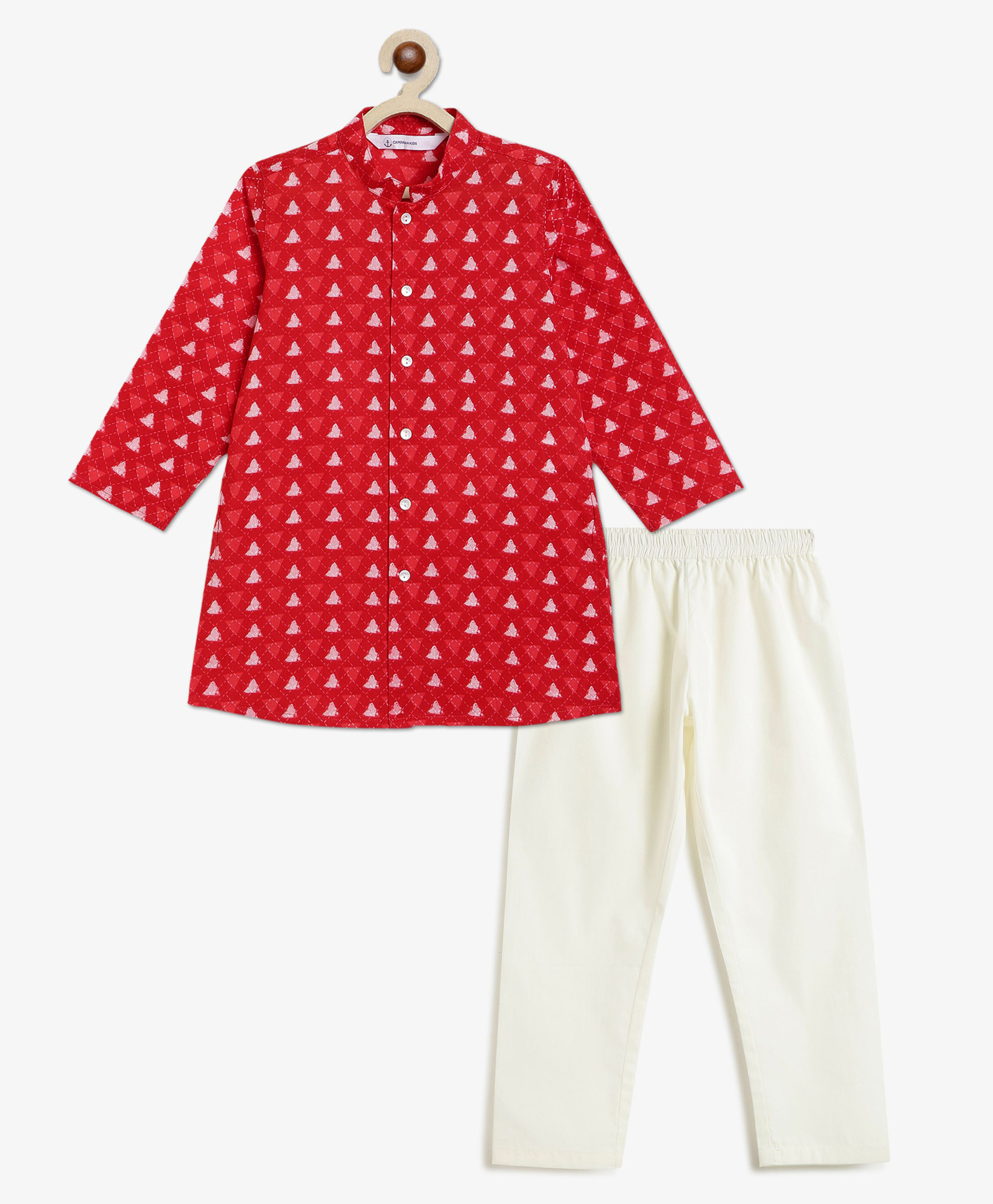 Campana 100% Cotton Woven Full Sleeves Geometric Printed Kurta & Pyjama Set - Red & White-image-10