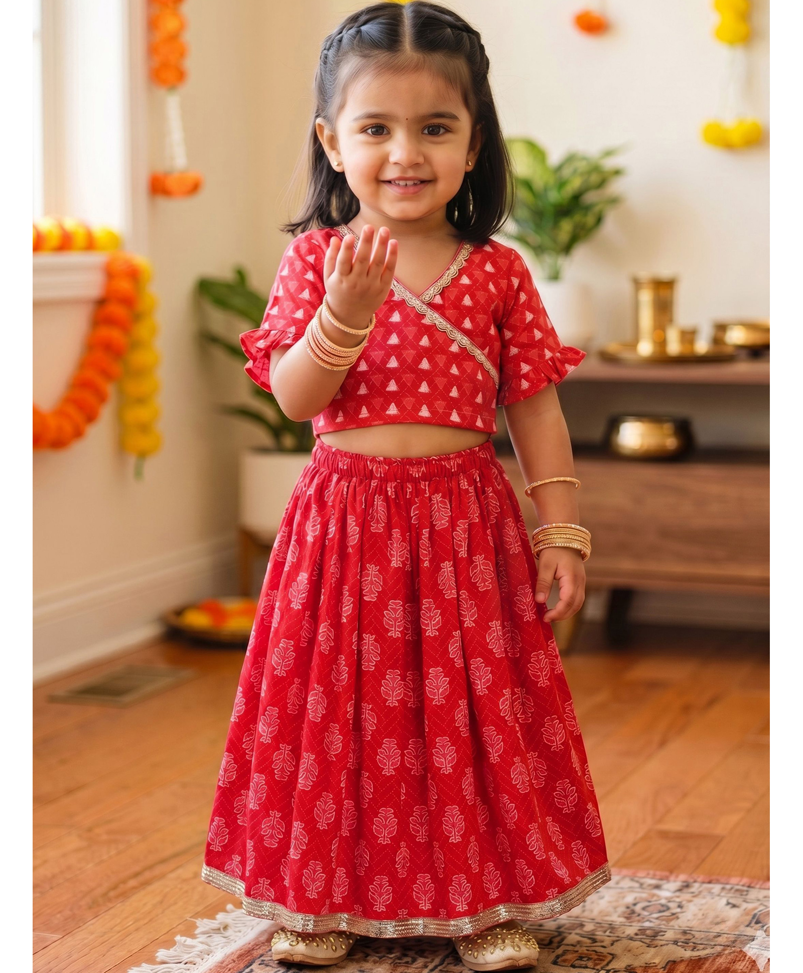 Campana 100% Cotton Woven Half Sleeves Geometric Printed Lace Embellished Lehenga & Choli Set - Red & White-picture-36