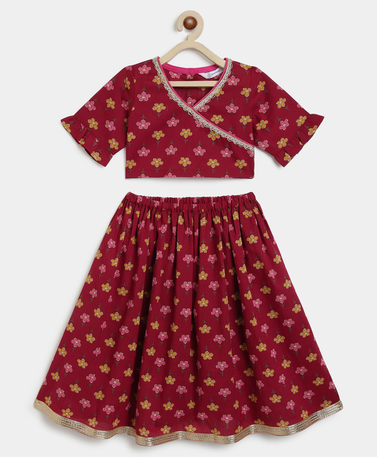 Campana 100% Cotton Woven Half Sleeves Floral Printed Lace Embellished Lehenga & Choli Set - Maroon & Pink-picture-40