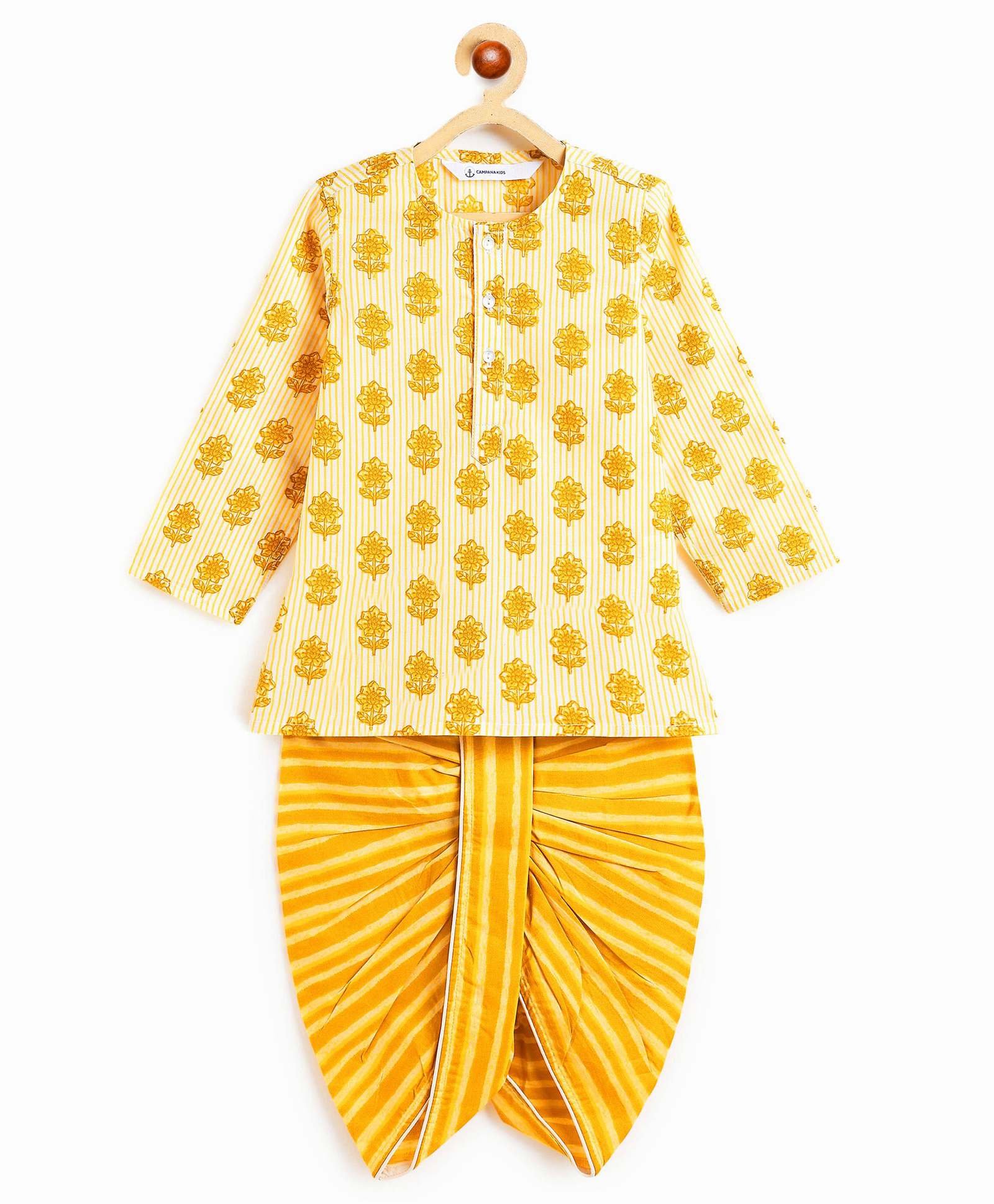 Campana 100% Cotton Woven Full Sleeves Striped & Floral Printed Kurta & Dhoti Set - Off White & Mustard-picture-16