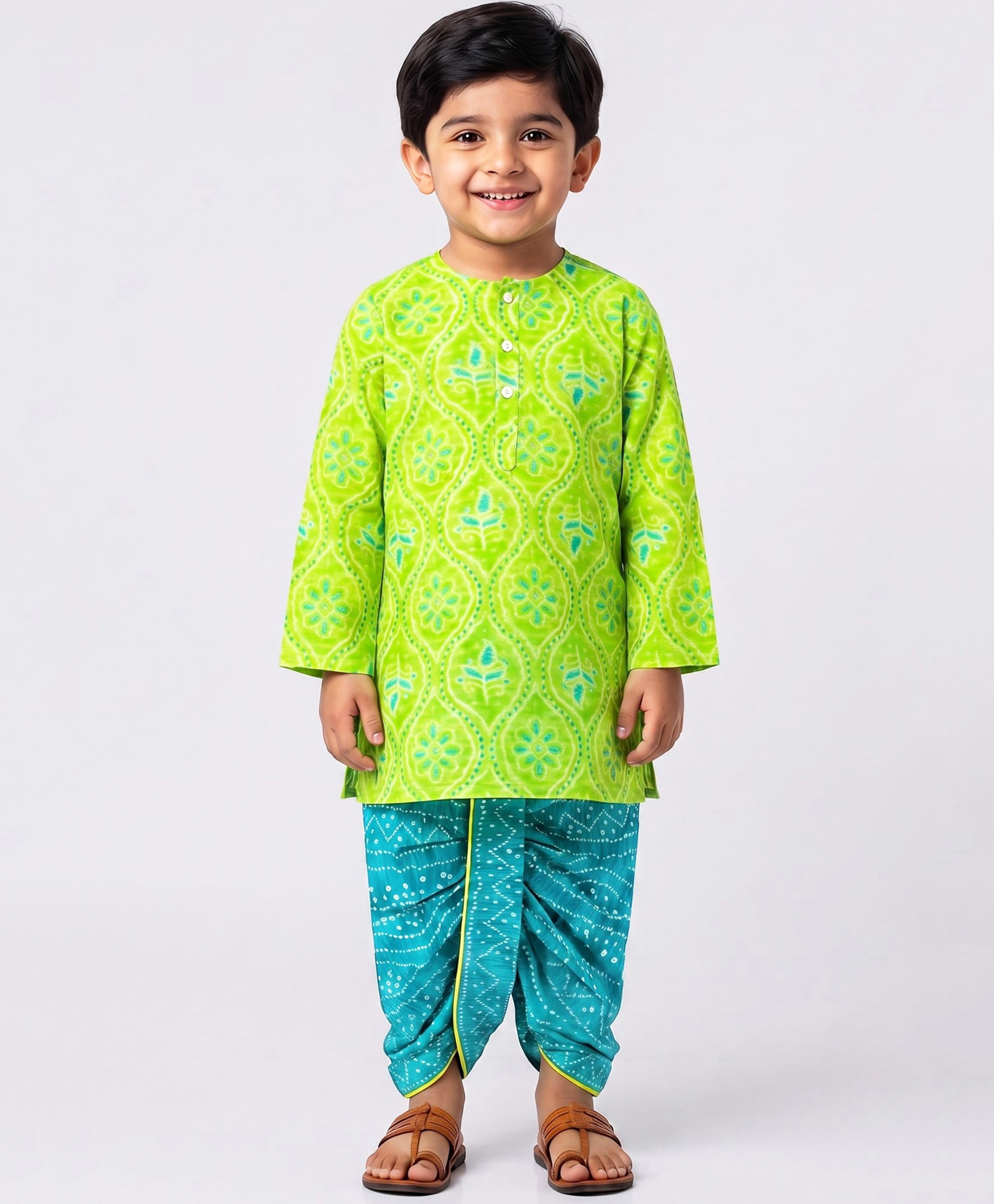 Campana 100% Cotton Woven Full Sleeves Floral Printed Kurta & Dhoti Set - Lime Green & Turquoise-picture-32