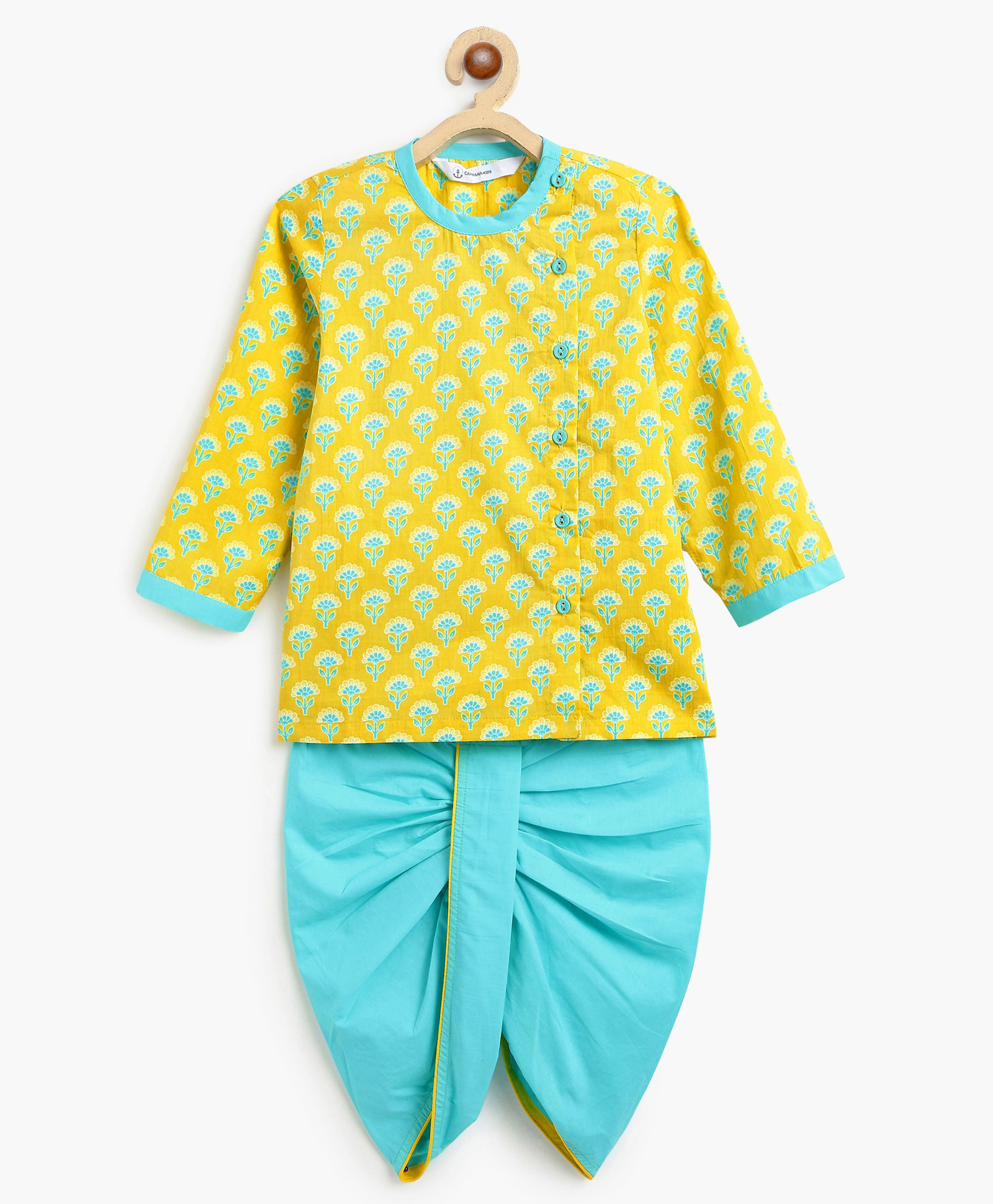 Campana Cotton Woven Full Sleeves Floral Printed Kurta & Dhoti Set - Mustard & Turquoise-picture-26
