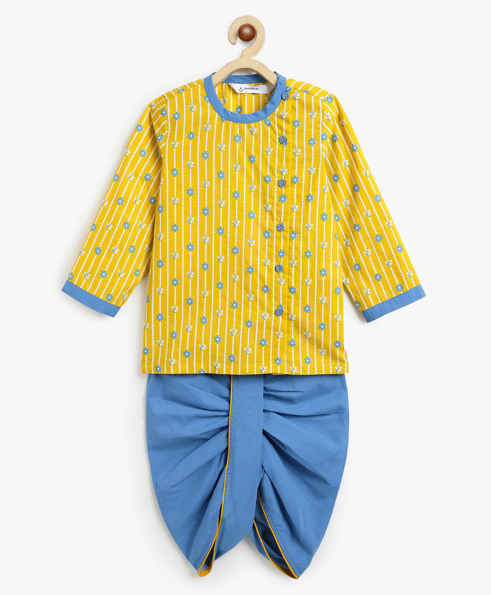 Campana 100% Cotton Woven Full Sleeves Striped & Floral Printed Kurta & Dhoti Set - Mustard & Blue-picture-14