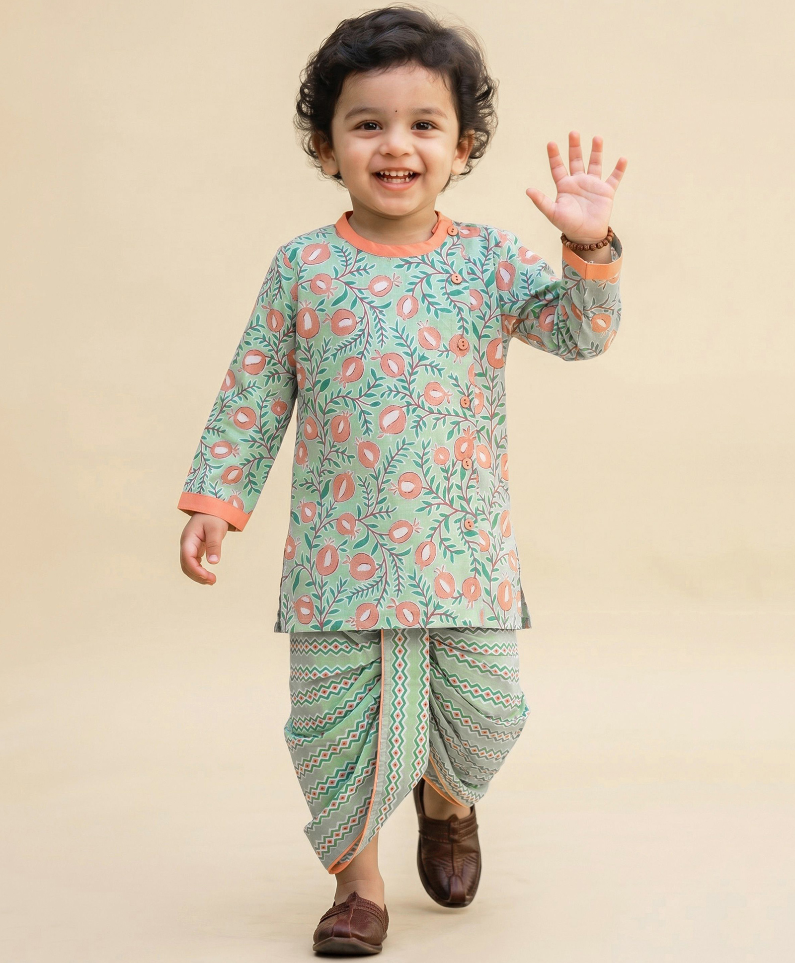 Campana 100% Cotton Woven Full Sleeves Leaves Printed Kurta & Dhoti Set - Sea Green & Peach-picture-13
