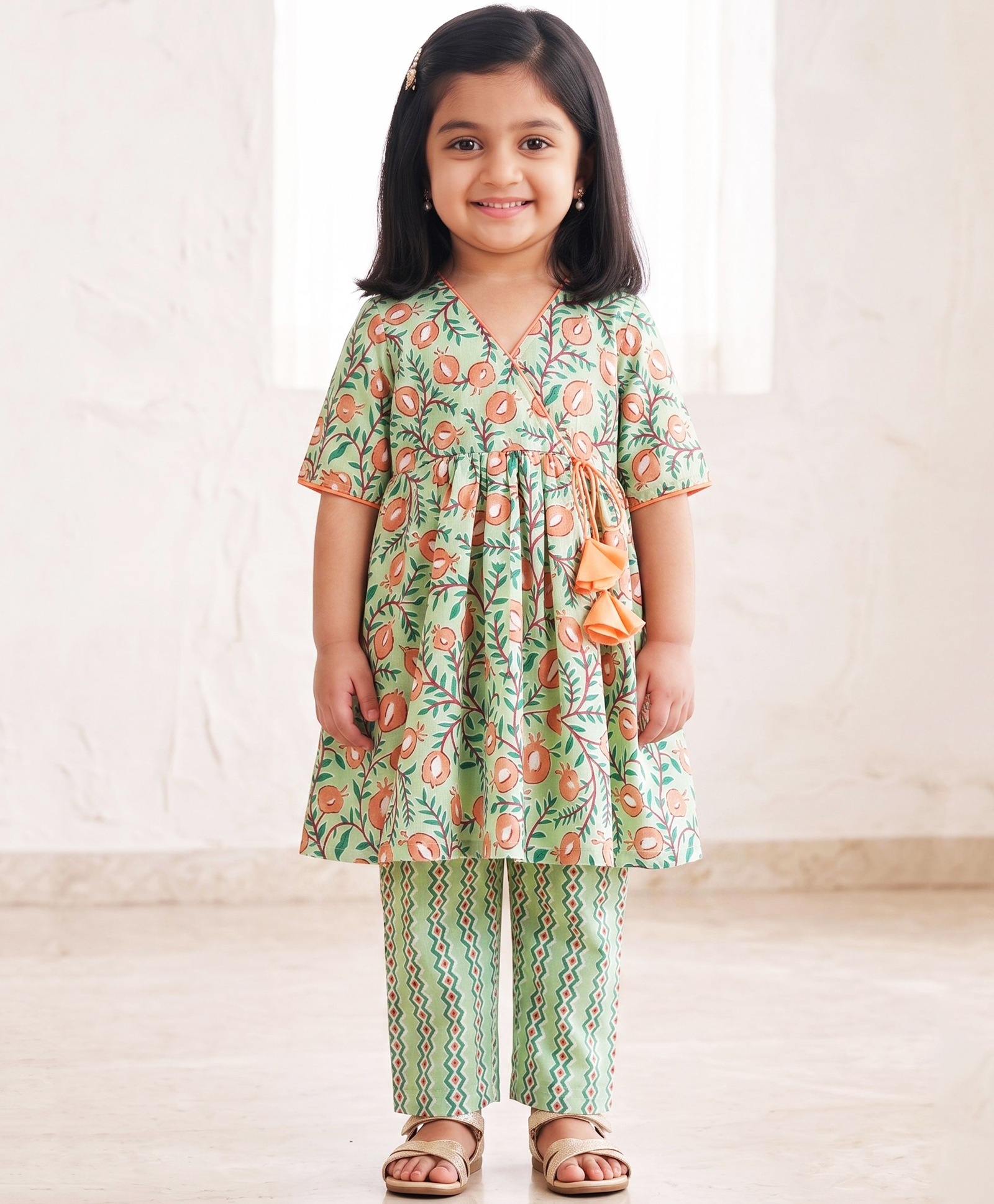 Campana 100% Cotton Woven Half Sleeves Leaves Printed Angarakha Style Kurti & Pants Set - Sea Green & Peach-image-8