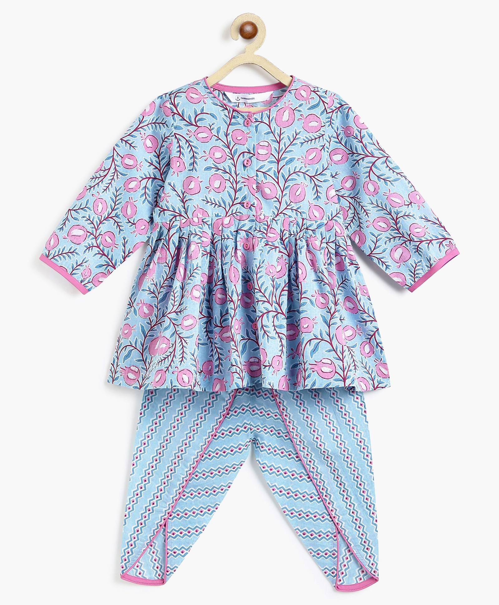 Campana 100% Cotton Woven Full Sleeves Floral Printed Kurti & Dhoti Set - Light Blue & Purple-image-1