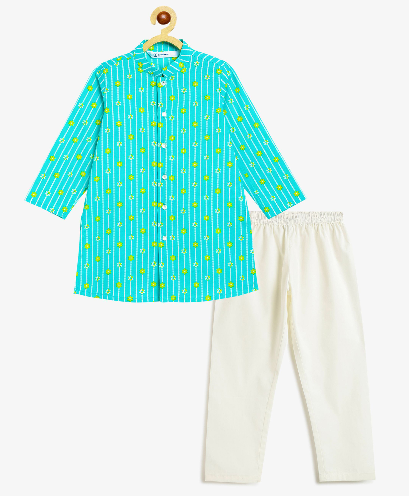 Campana 100% Cotton Woven Full Sleeves Striped & Floral Printed Kurta & Pyjama Set - Turquoise & Lime Green-picture-27