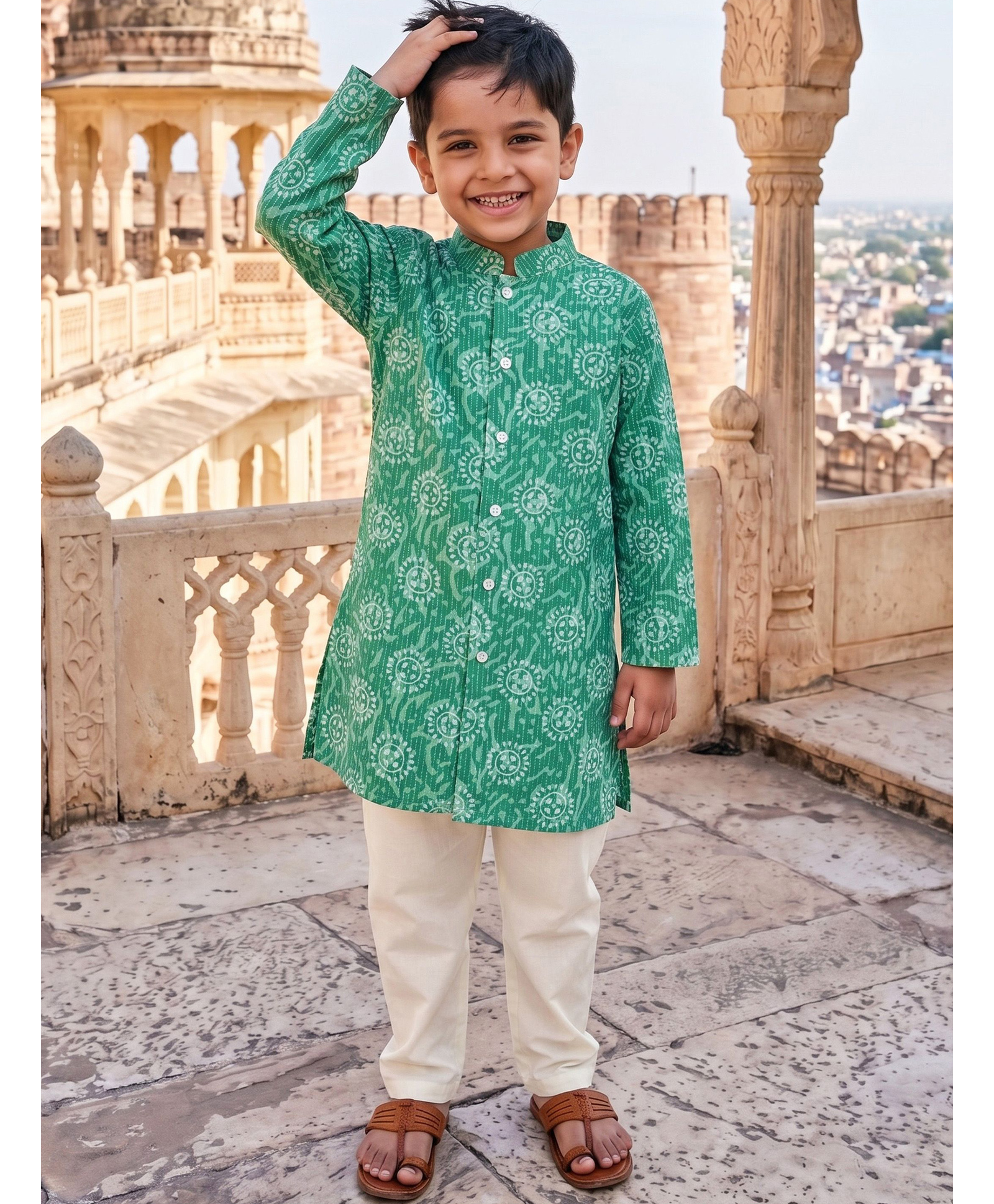 Campana 100% Cotton Woven Full Sleeves Sun & Abstract Printed Kurta & Pyjama Set - Green-image-48