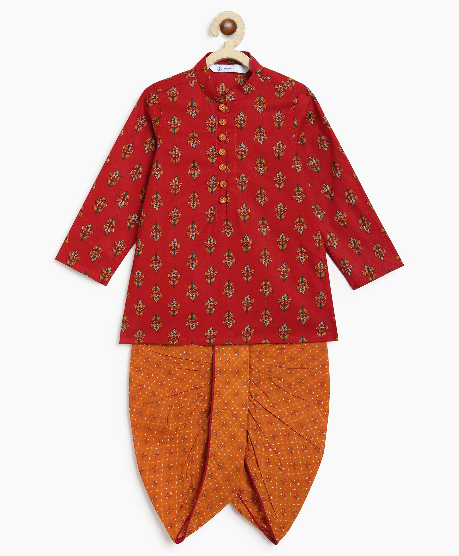 Campana 100% Cotton Woven Full Sleeves Floral Printed Kurta & Dhoti Set - Maroon & Mustard-image-27