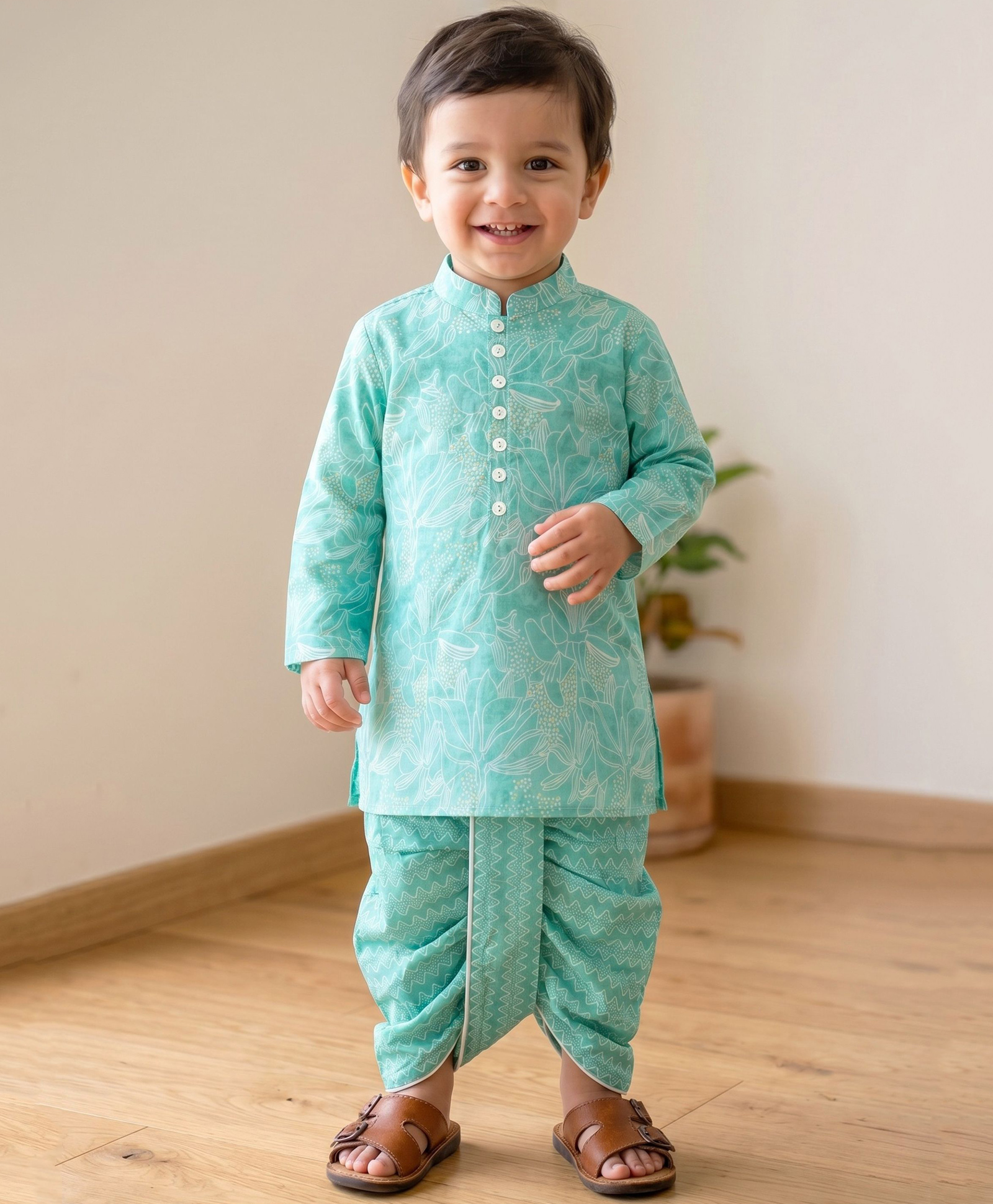 Campana 100% Cotton Woven Full Sleeves Floral & Abstract Printed Kurta & Dhoti Set - Teal Blue-picture-45
