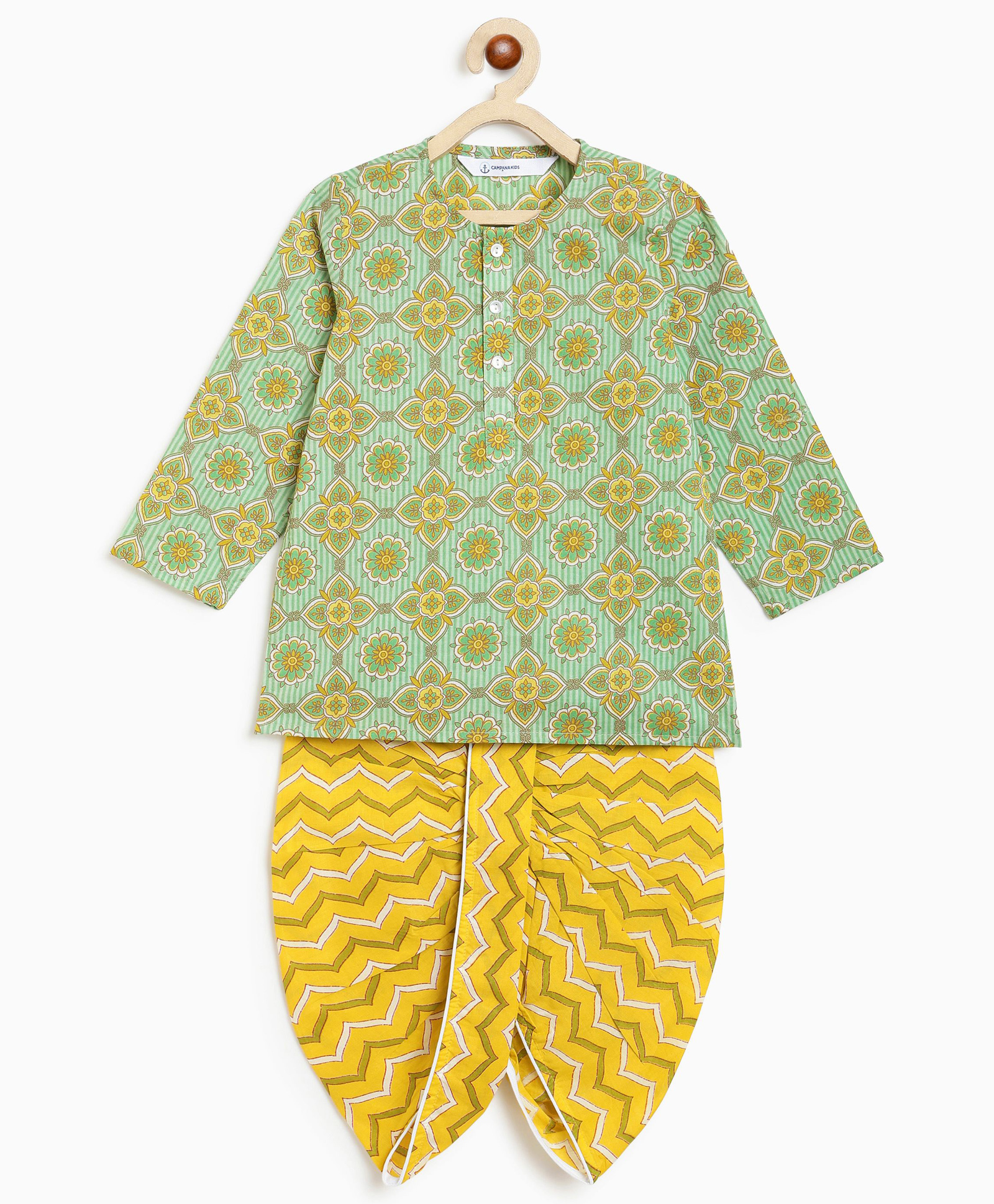 Campana 100% Cotton Woven Full Sleeves Striped & Ethnic Motifs Printed Kurta & Dhoti Set - Mint Green & Mustard-picture-44