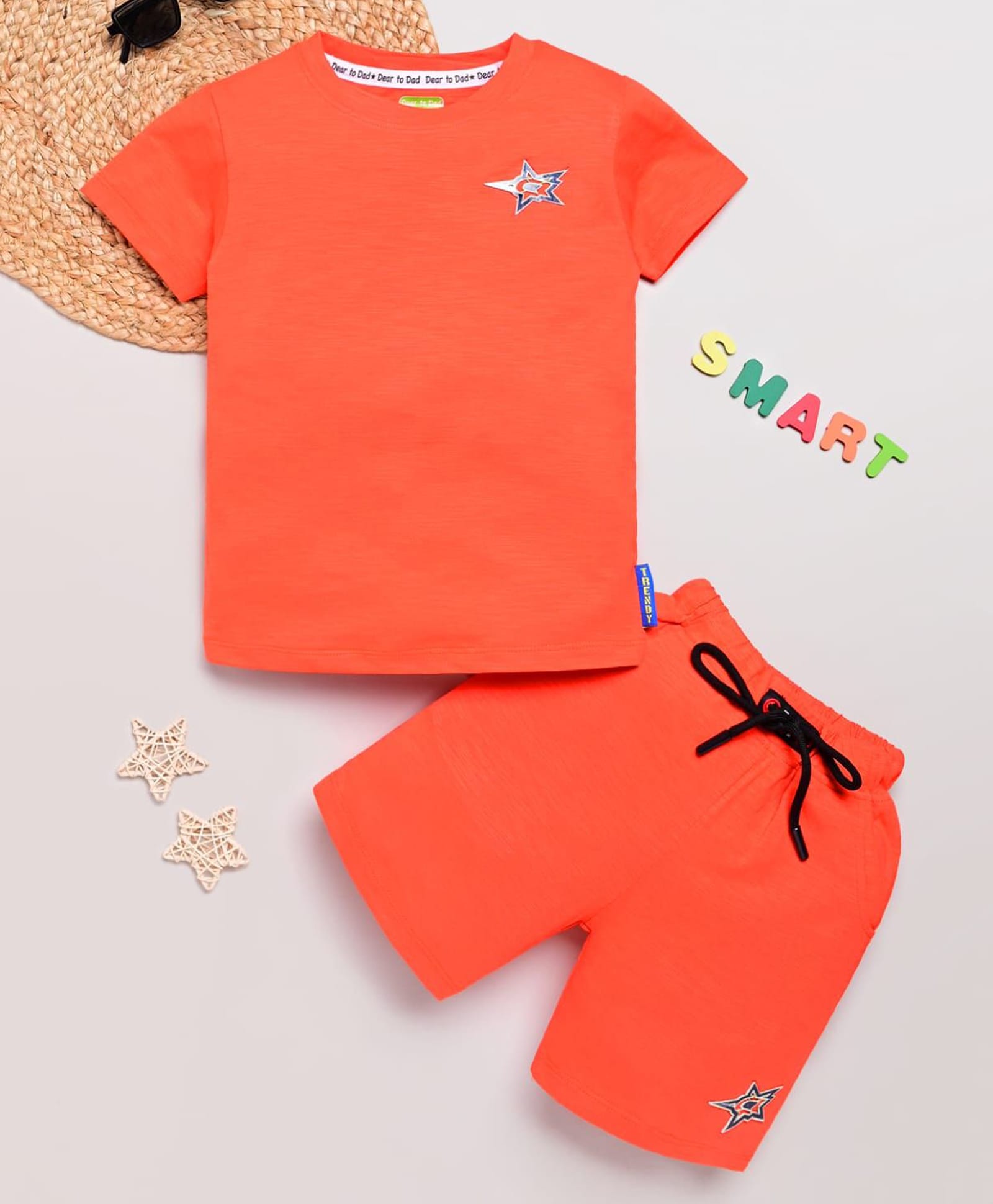 DEAR TO DAD Cotton Knit Half Sleeves Star Printed Tee & Shorts Set - Orange-picture-11