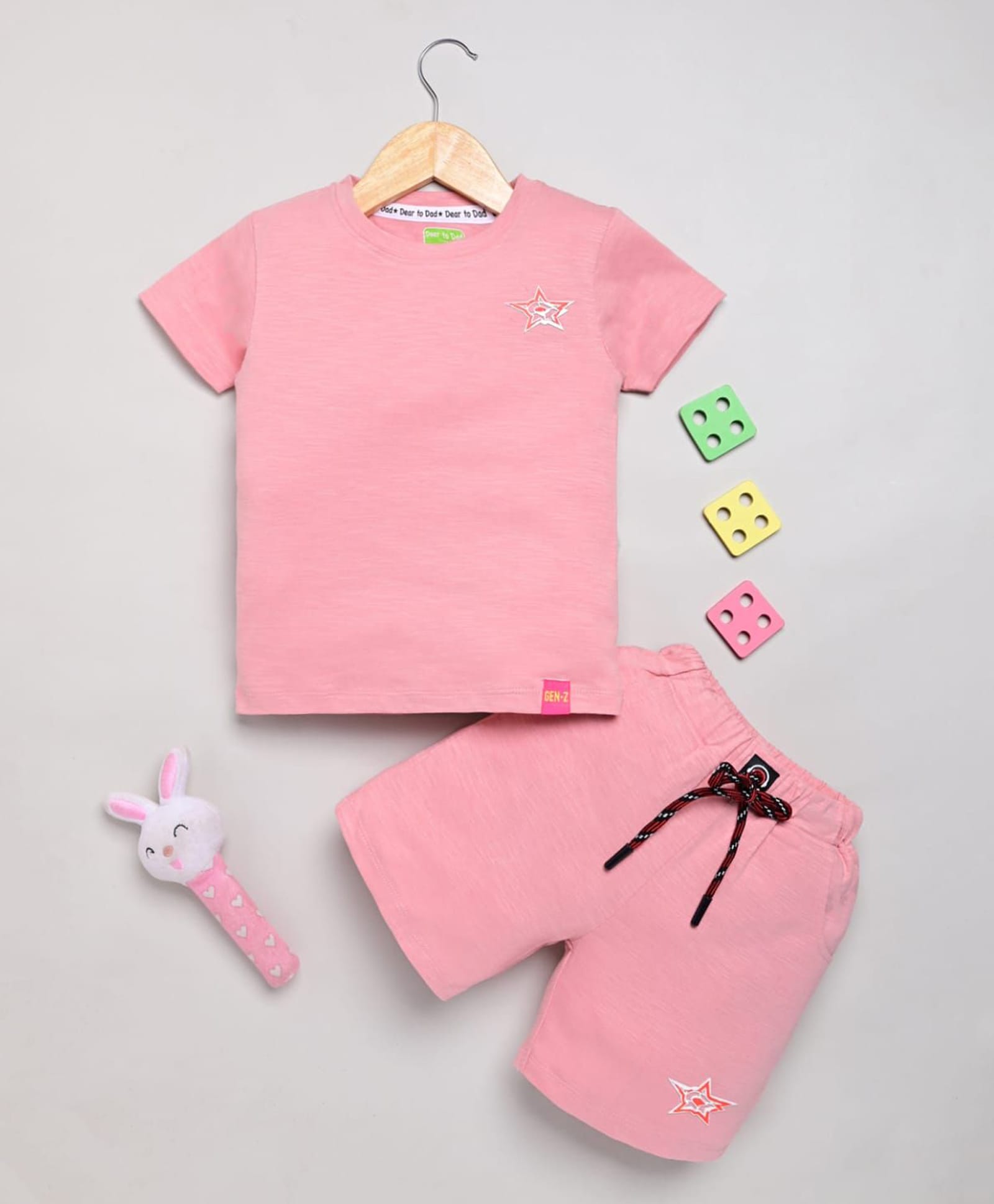 DEAR TO DAD Cotton Knit Half Sleeves Star Printed Tee & Shorts Set - Peach-picture-23
