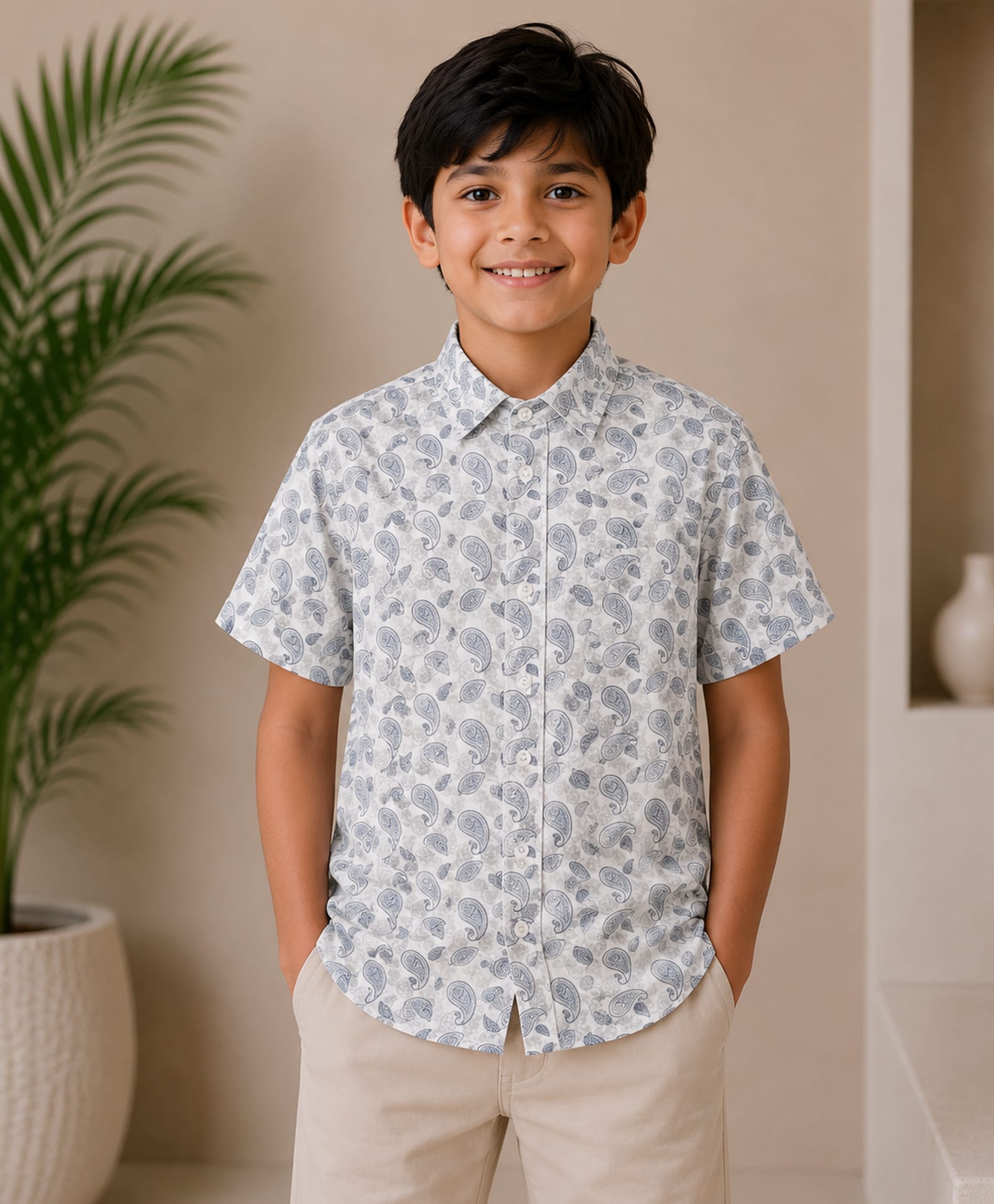 tior Woven Half Sleeves Paisley Printed Shirt - Blue & White-image-25