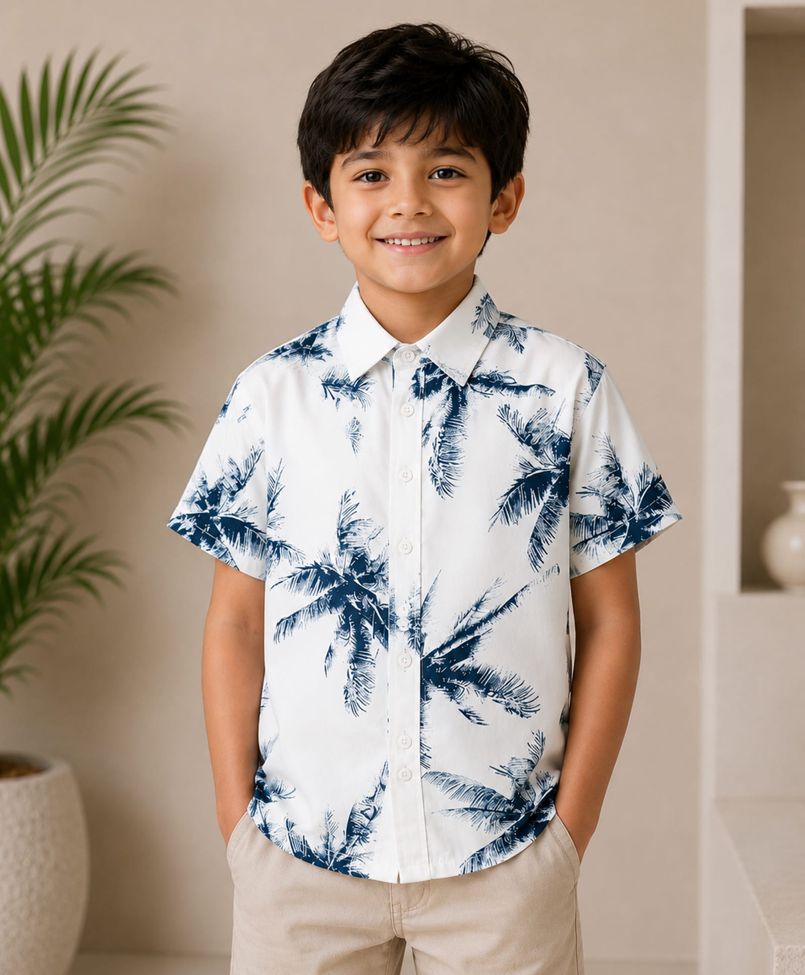 tior Woven Half Sleeves Tropical Theme Printed Shirt - Cream-image-37