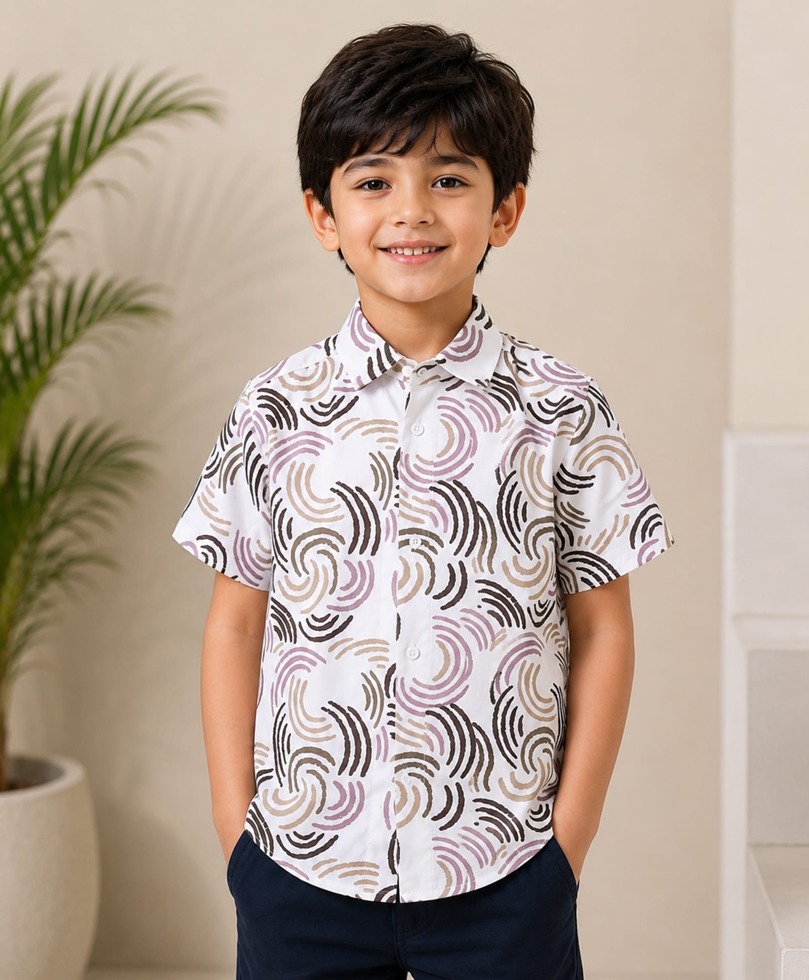 tior Woven Half Sleeves Abstract Printed Shirt - Brown & White-image-46