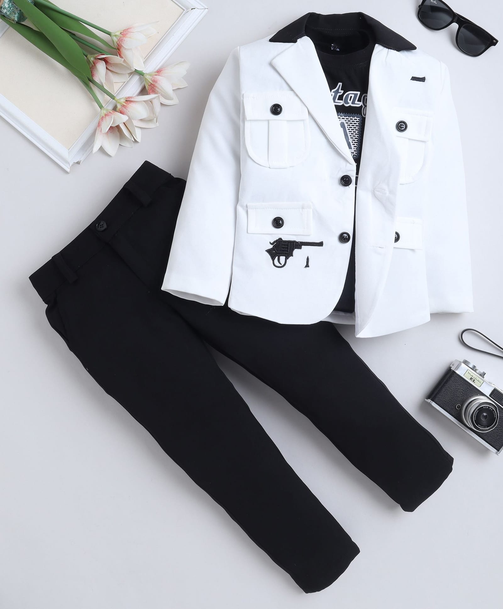 Fourfolds Cotton Blend Woven Full Sleeves Gun Embroidered Blazer & Trousers With Tee Set - Black-image-35
