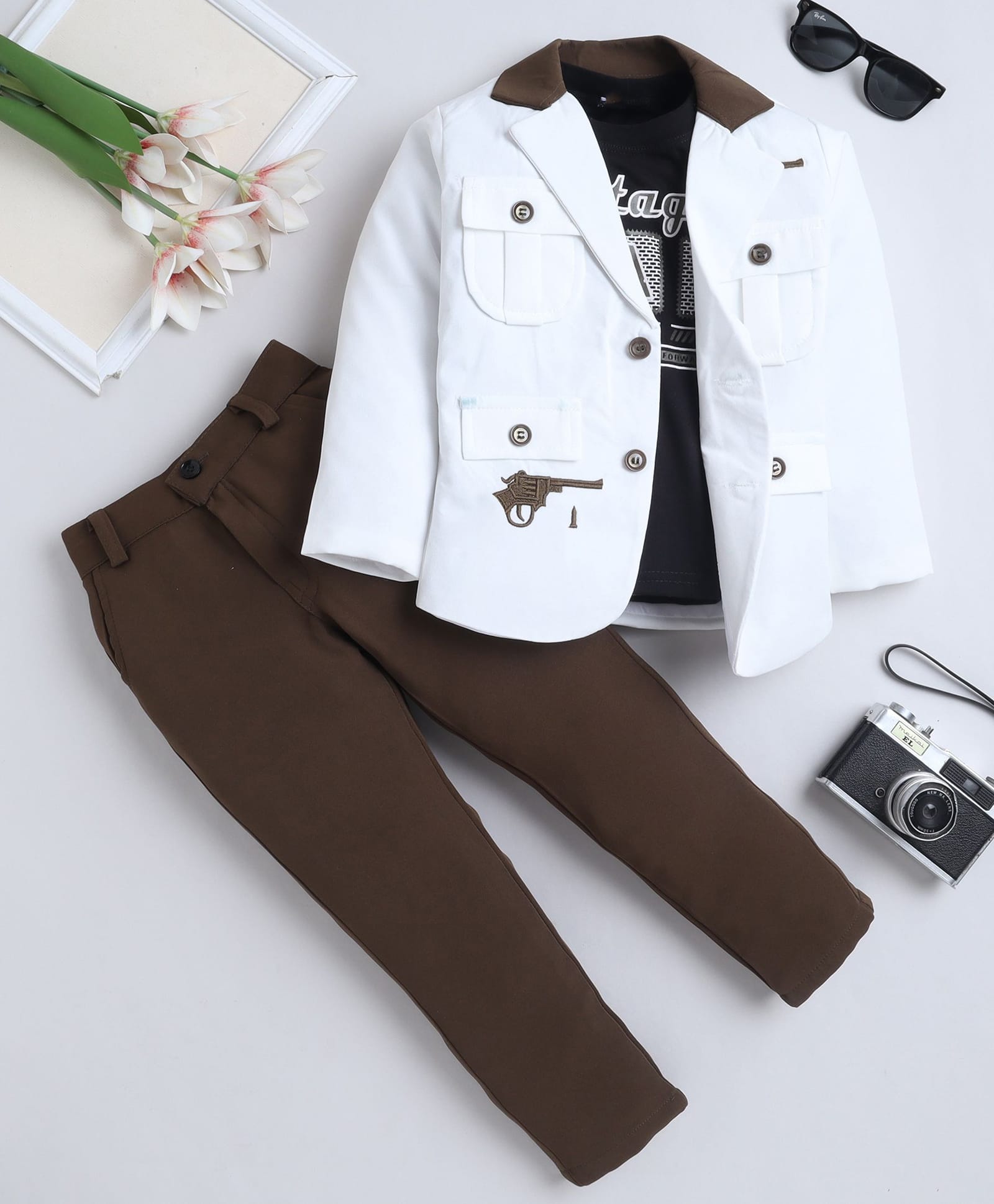 Fourfolds Cotton Blend Woven Full Sleeves Gun Embroidered Blazer & Trousers With Tee Set - Brown & White-picture-19