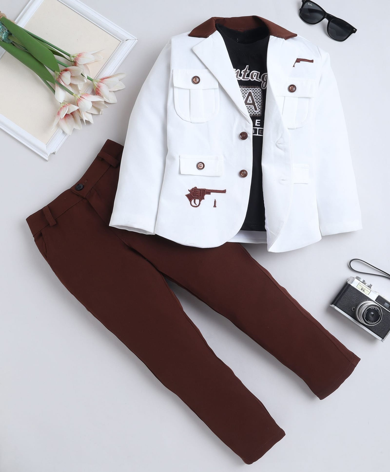 Fourfolds Cotton Blend Woven Full Sleeves Gun Embroidered Blazer & Trousers With Tee Set - Dark Brown & White-picture-16