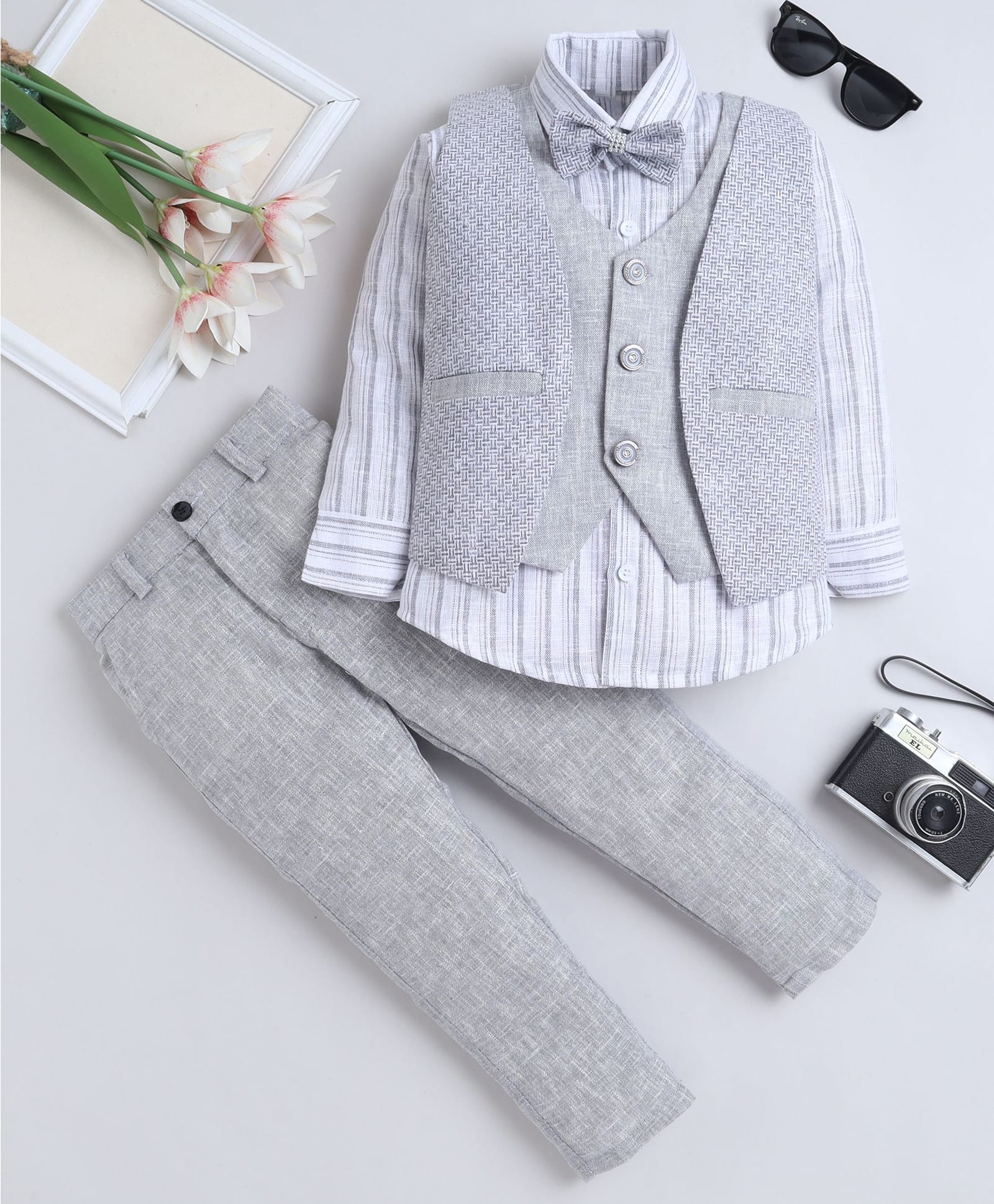 Fourfolds Cotton Blend Woven Full Sleeves Striped & Geometric Embroidered 3 Piece Party Suit Set With Bow - Grey-picture-10