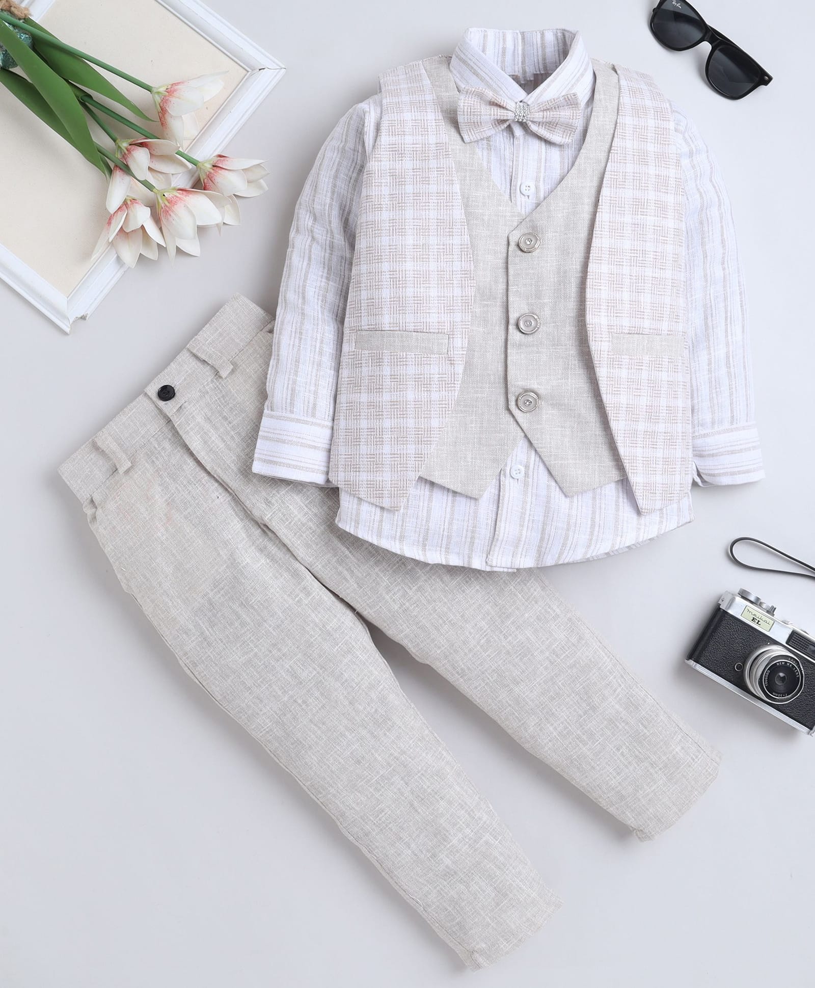 Fourfolds Cotton Blend Woven Full Sleeves Striped & Checked Embroidered 3 Piece Party Suit Set With Bow - Beige-picture-10