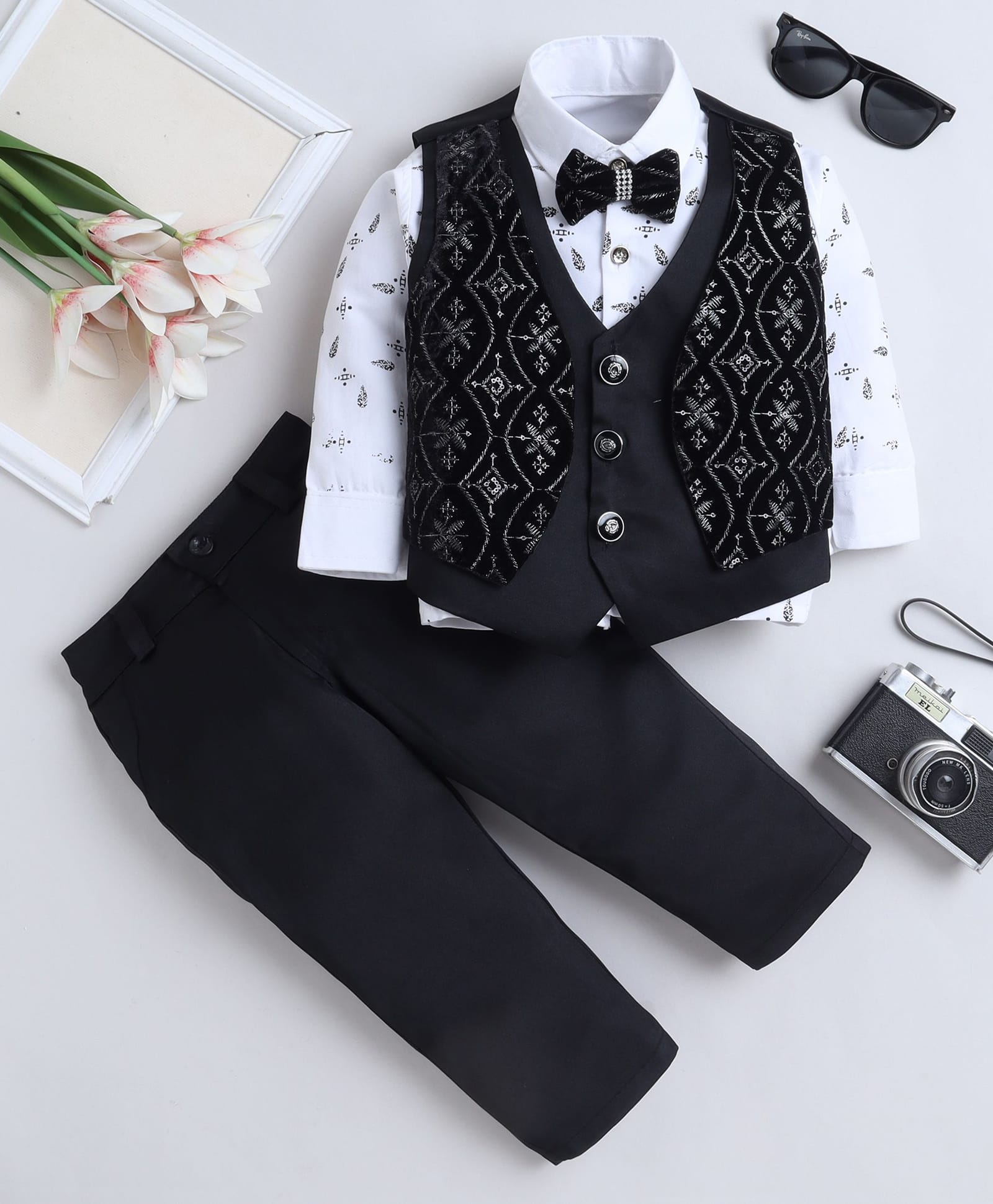 Fourfolds Velvet Woven Full Sleeves Floral Embroidered Sequins Embellished 3 Piece Party Suit Set With Bow - Black-picture-19