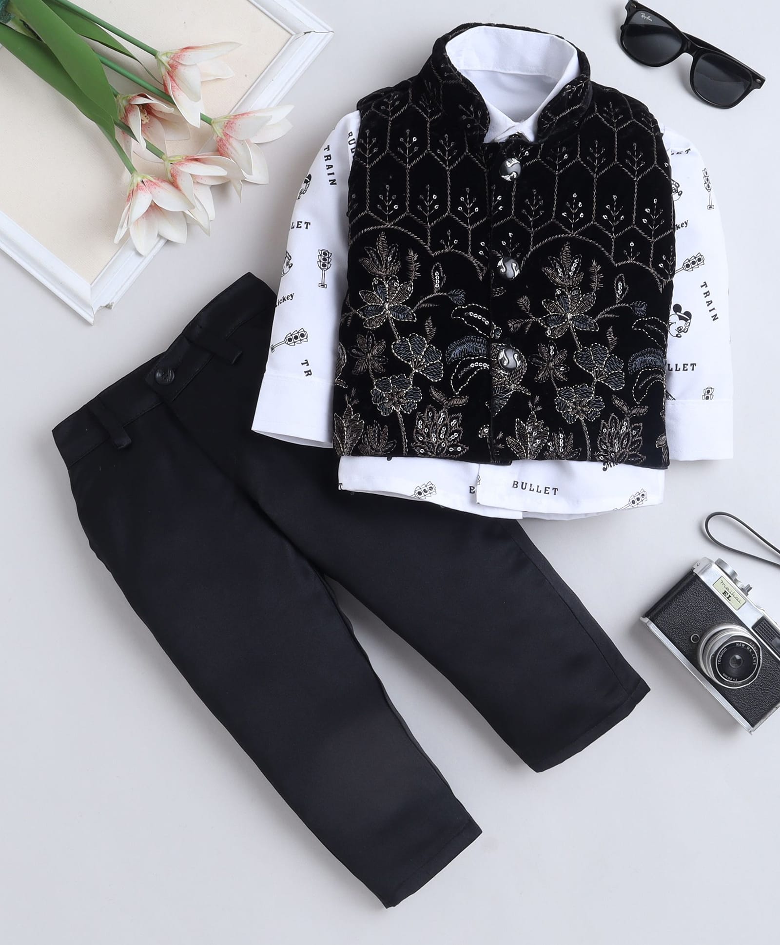 Fourfolds Velvet Woven Full Sleeves Floral Embroidered Sequins Embellished 3 Piece Party Suit Set - Black-image-21