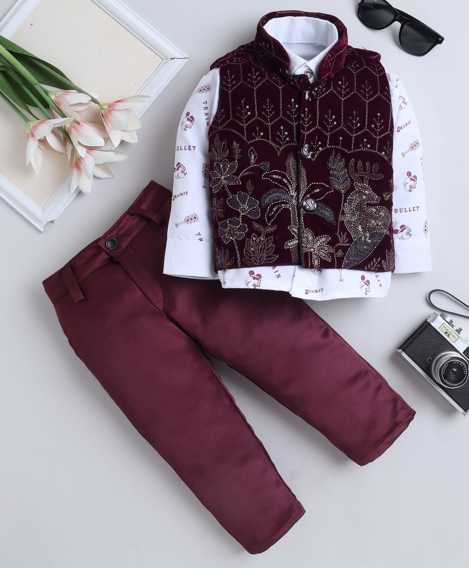 Fourfolds Velvet Woven Full Sleeves Floral Embroidered Sequins Embellished 3 Piece Party Suit Set - Wine-image-1