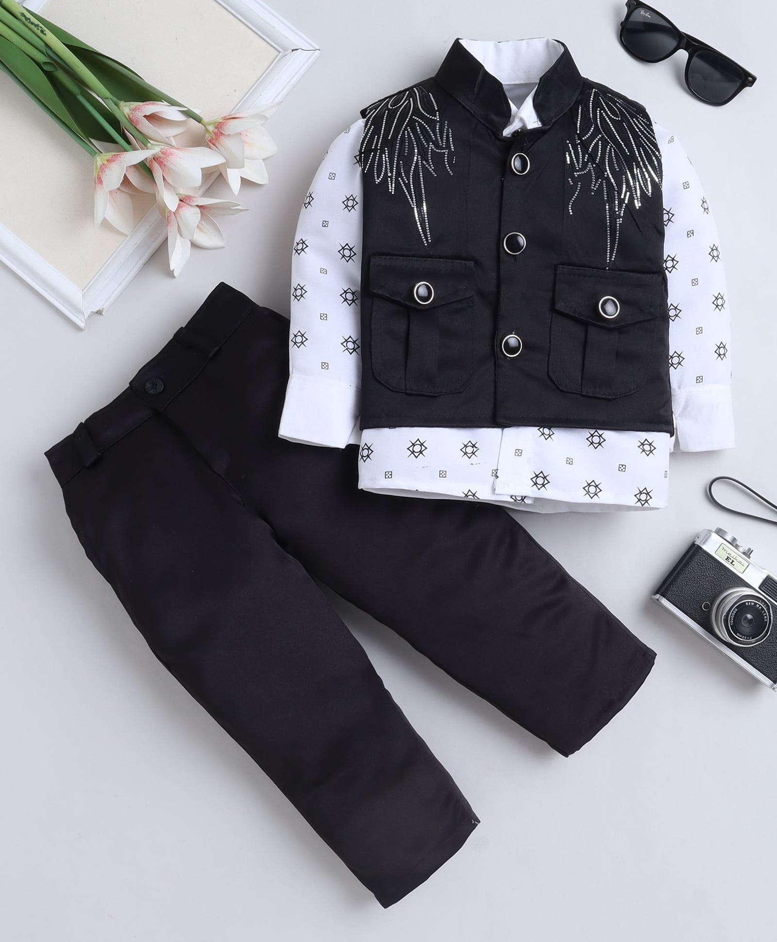 Fourfolds Woven Full Sleeves Sequins Embellished 3 Piece Party Suit Set - Black-picture-23
